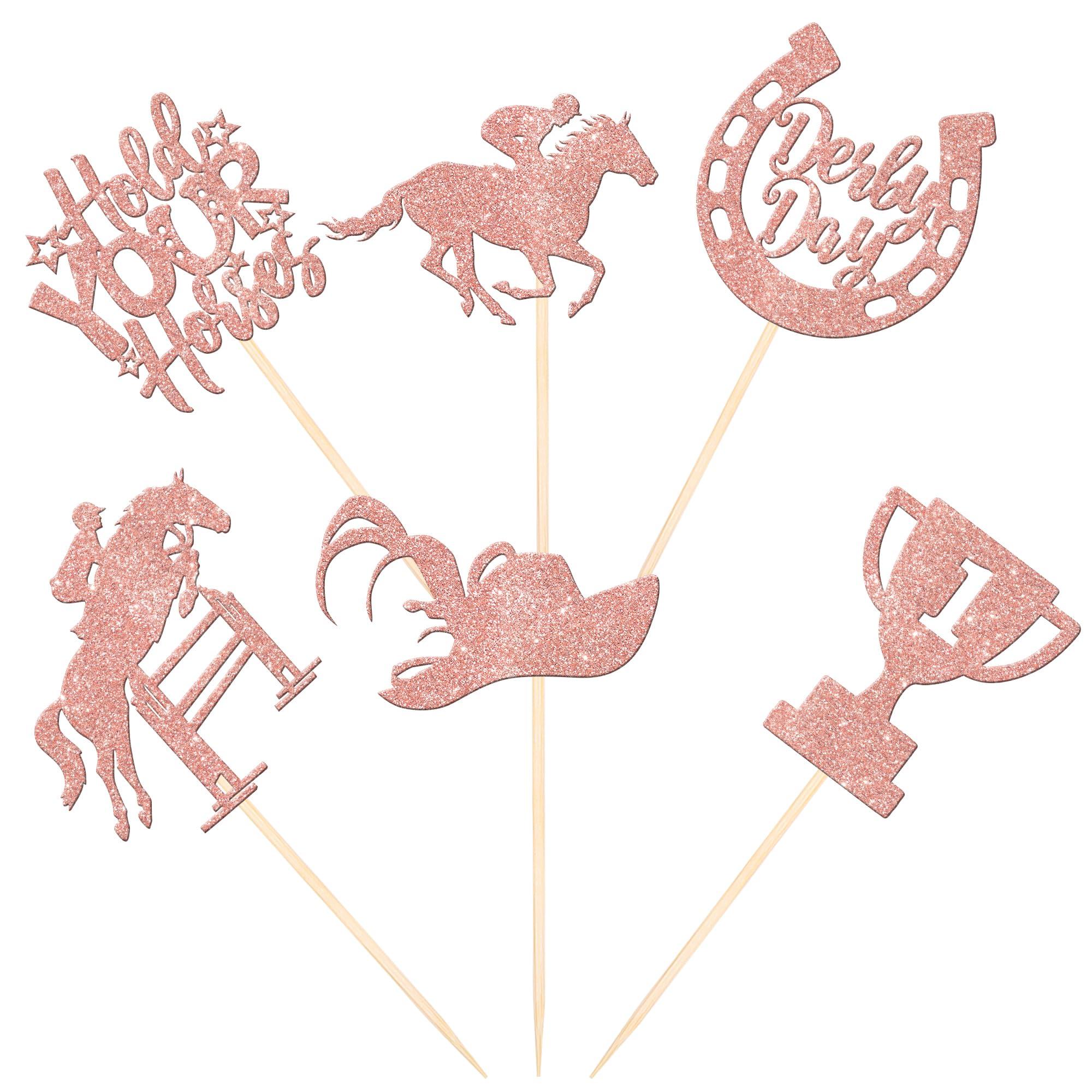 ZHUOWEISM 24 PCS Derby Horse Cupcake Toppers Glitter Horse Racing Cupcake Picks Sports Equestrian Theme Baby Shower Kids Birthday Kentucky Derby Party Cake Decorations Supplies Rose Gold