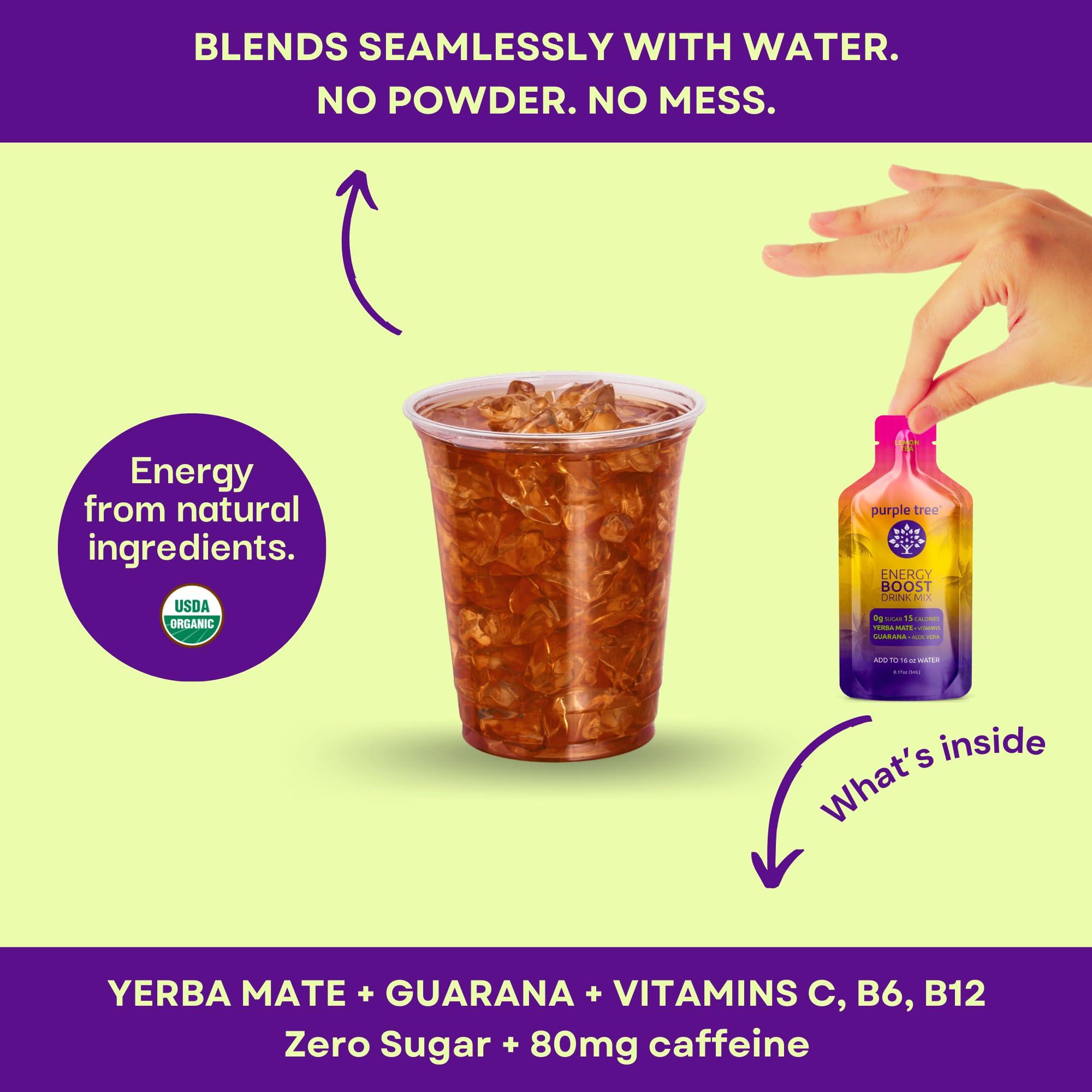 purple tree Purple Tree Organic Energy Stick Packets, Zero Sugar, B12 Vitamins, Lemon Ice Tea Flavor | 80mg Caffeine from Yerba Mate & Guarana to Prevent Crashing, 12 To-Go Packs