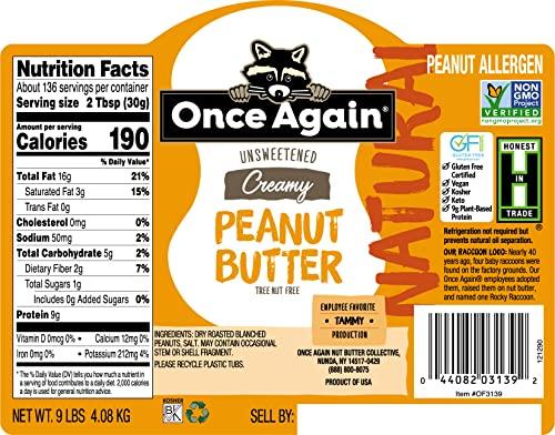 Once Again Once Again Natural, Creamy Peanut Butter, 9lb Bucket (same as 9 jars) - Lightly Salted, Unsweetened - Gluten Free Certified, Vegan, Kosher, Non-GMO Verified