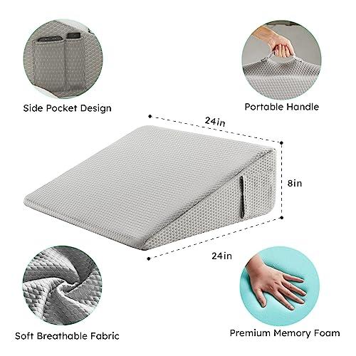 Bedluxe Bedluxe Wedge Pillow for Sleeping, 8 inch Elevated Support Bed Wedge Pillow, Breathable Triangle Pillow Wedge with Cooling Memory Foam Top - Removable Washable Cover, Grey
