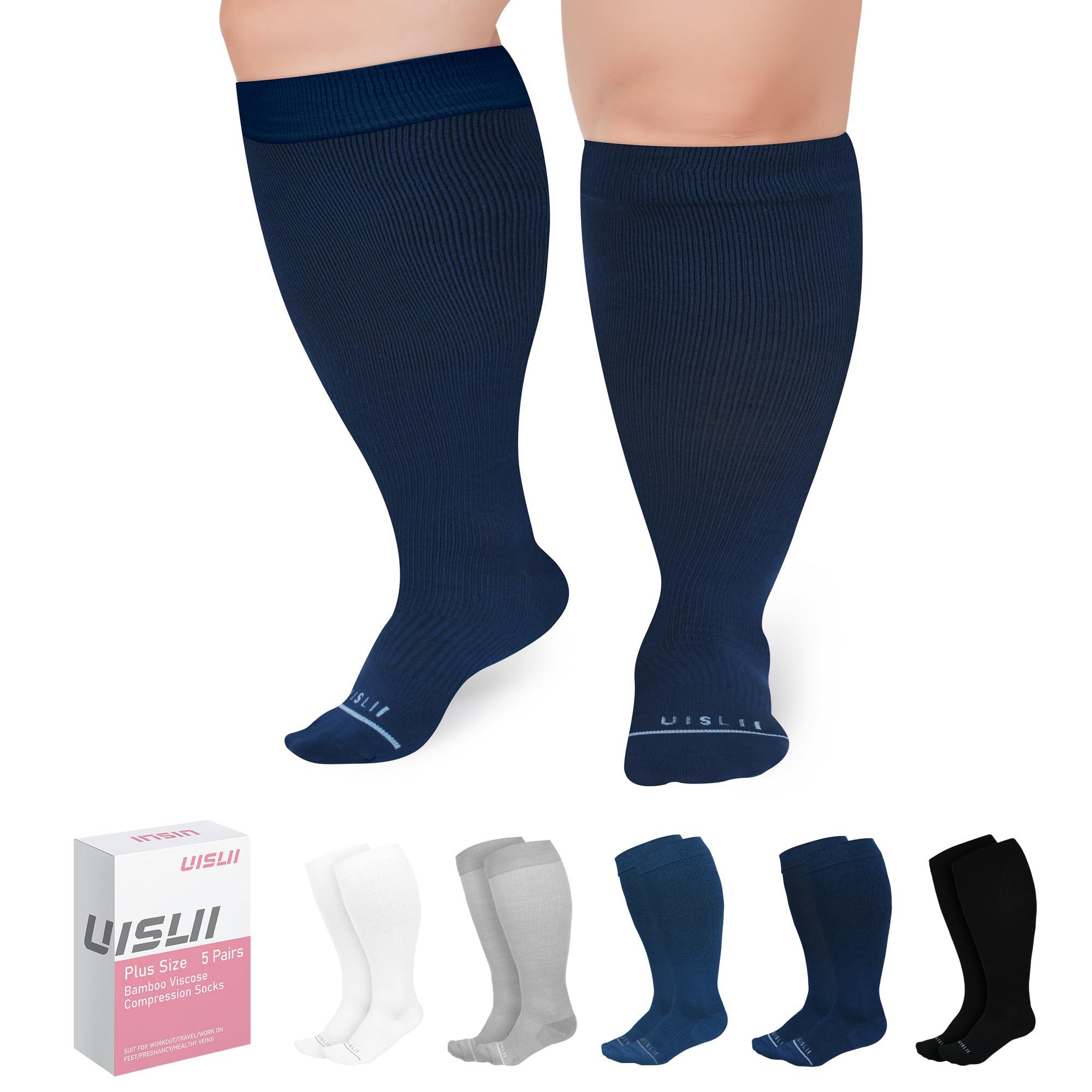 UISLII UISLII Plus Size Compression Socks Wide Calf Women Men,5 Pairs 20-30mmHg Extra Width Calf Viscose Knee High Compression Socks for Circulation Support(Black+White+Grey+Navy+Dark Blue-4XL)