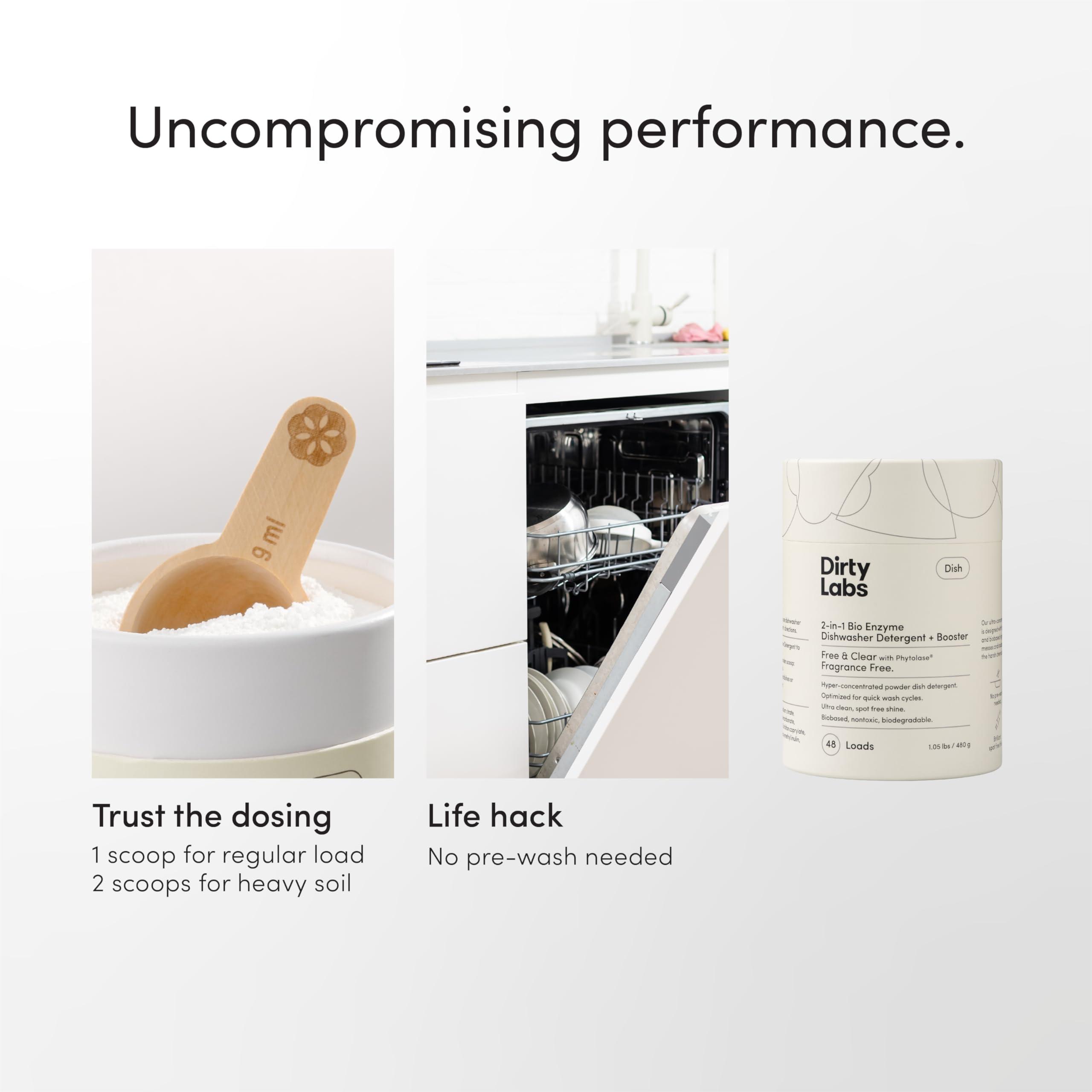 Dirty Labs Dirty Labs | Dishwasher Detergent and Booster | Scent Free | 48 Loads (1 lb) | Ultra Clean, Spot Free, Quick Wash Optimized | Hyper Concentrated