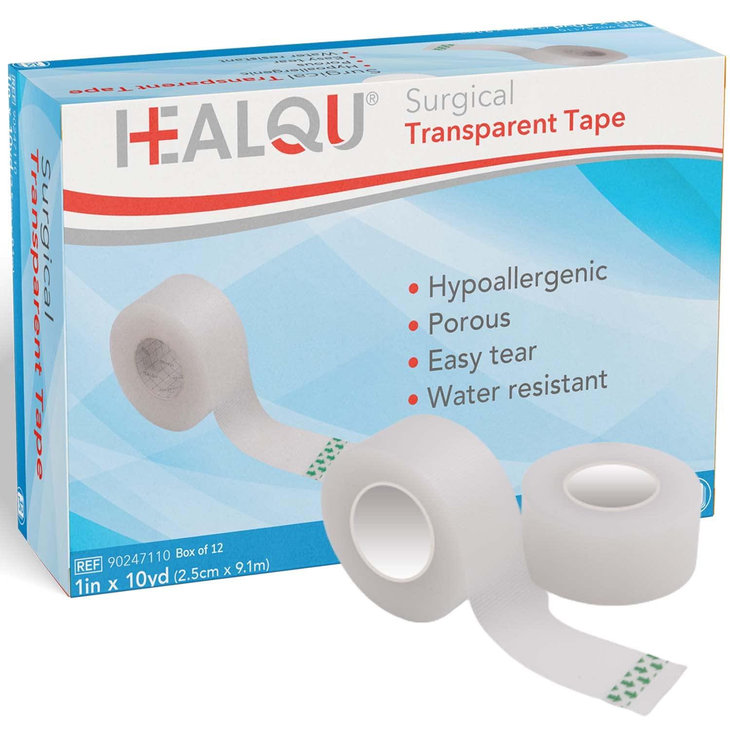 Healqu HEALQU Transparent Medical Tape - Box of 12 Rolls, 1\" x 10yd Surgical Tape with Gentle Adhesion for Sensitive Skin for Wound Care,Tubing, First Aid Supplies - Breathable, Microporous Tape