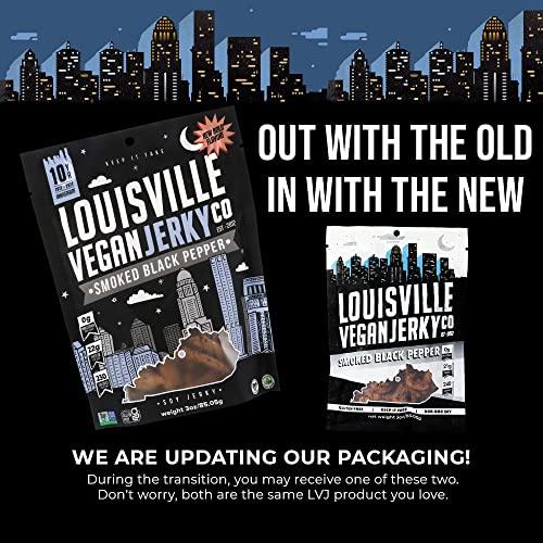 Louisville Vegan Jerky Louisville Vegan Jerky - Smoked Black Pepper, Vegetarian & Vegan-Friendly Jerky, 21 Grams of Non-GMO Soy Protein, 240 Calories Per Bag, Gluten-Free Ingredients (3 oz, 5-Pack)