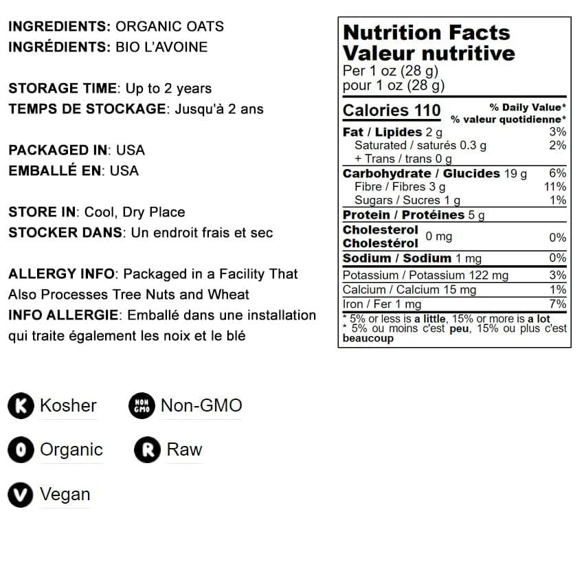 Food to Live Food to Live Organic Rolled Oats, 3 Pounds Old-Fashioned, 100% Whole Grain, Non-GMO, Raw, Kosher, Bulk Oats. Perfect for Morning Oatmeal and Overnight Oats