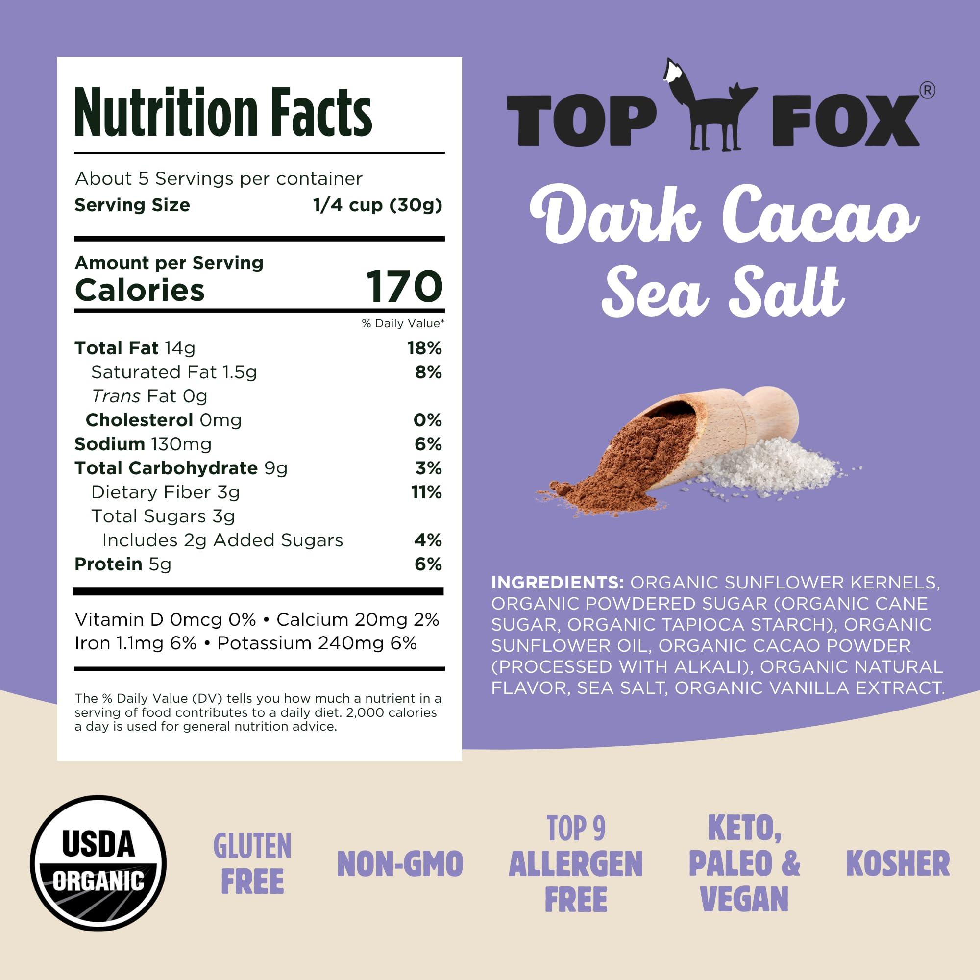 TOP FOX Top Fox Snacks - Organic Pop-Roasted Sunflower Seeds | Healthy Protein Snacks - Gluten Free - Keto and Vegan Friendly (Dark Cacao Sea Salt, 5.5 oz - 6 Pack)