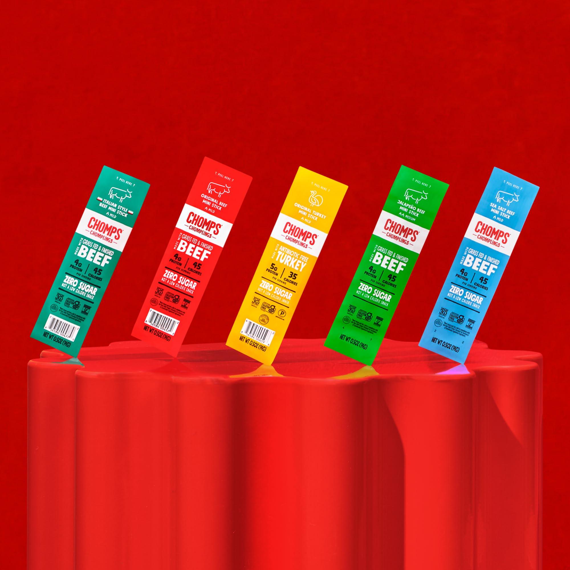 Chomps Chomps Snack Size Grass-Fed and Finished Sea Salt Beef Jerky Snack Sticks 0.5oz 24-Pack - Keto, Paleo, Whole30, 4g Lean Meat Protein, Gluten-Free, Zero Sugar Food, Non-GMO Chomplings