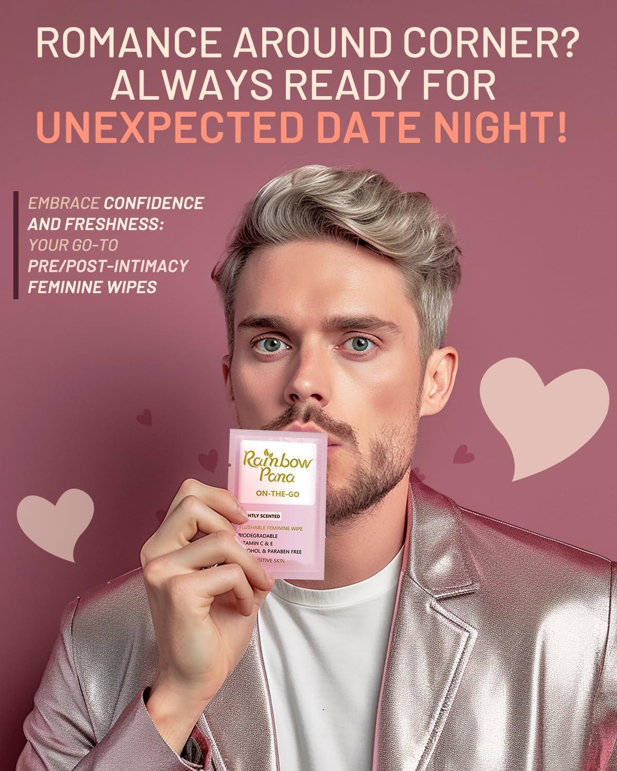 Rainbow Pana RainbowPana Feminine Wipes, 40 Count ON-THE-GO Individually Wrapped | Flushable Wipes, Travel Wipes for Women, Pre/Post-Intimacy Cleansing | Aloe, Portulaca, Vitamin E | pH Balanced, Biodegradable