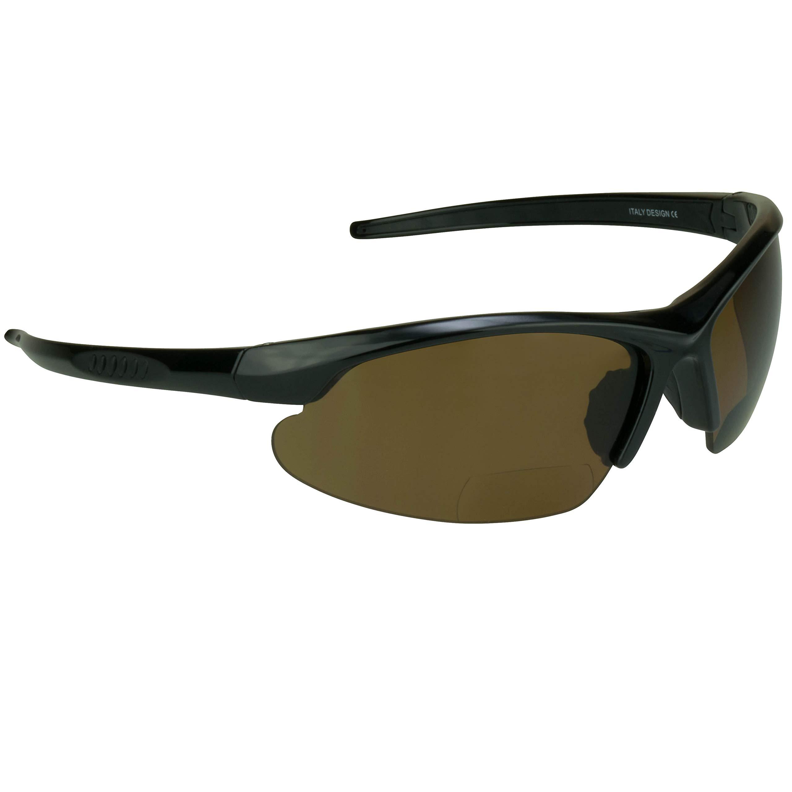 Bikershades Biker Armour Polarized Bifocal Reading +2.50 Sunglasses Semi Rimless Wrap Around Sport TR90 Black Frame Brown Lens