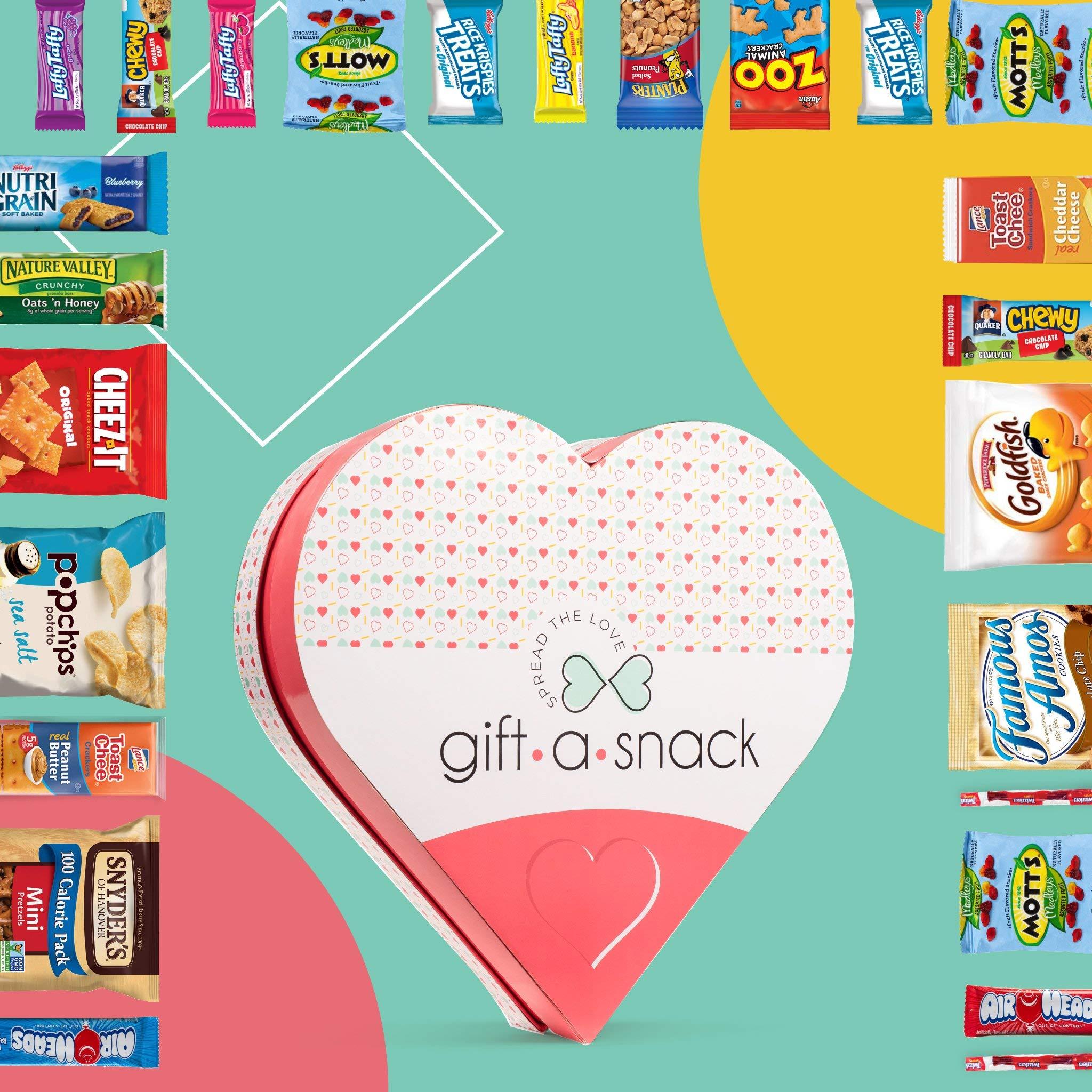 Nut Cravings Gift A Snack - Heart Shape Snack Box Variety Pack Care Package + Greeting Card (40 Count) Birthday Sweet Treats Gift Basket, Candies Chips -