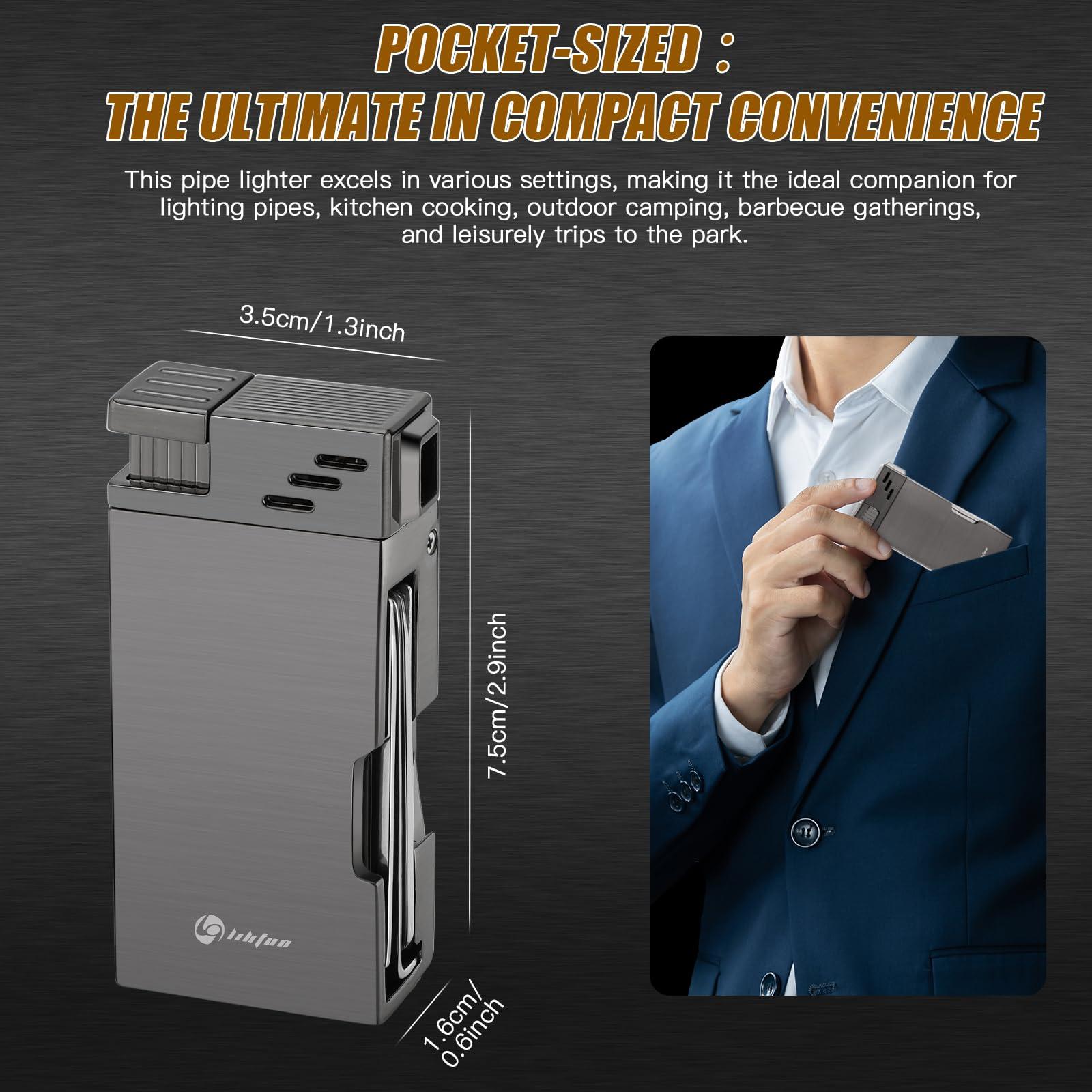 LIHTUN LIHTUN Pipe Lighter with Pipes Stand, Refillable Butane Lighters with Stainless Steels 3 Pipe Tools Cleaner, 5 in 1 Soft Flame Lighter, Portable Pipe Lighters for Outdoor Indoor with Gift Box