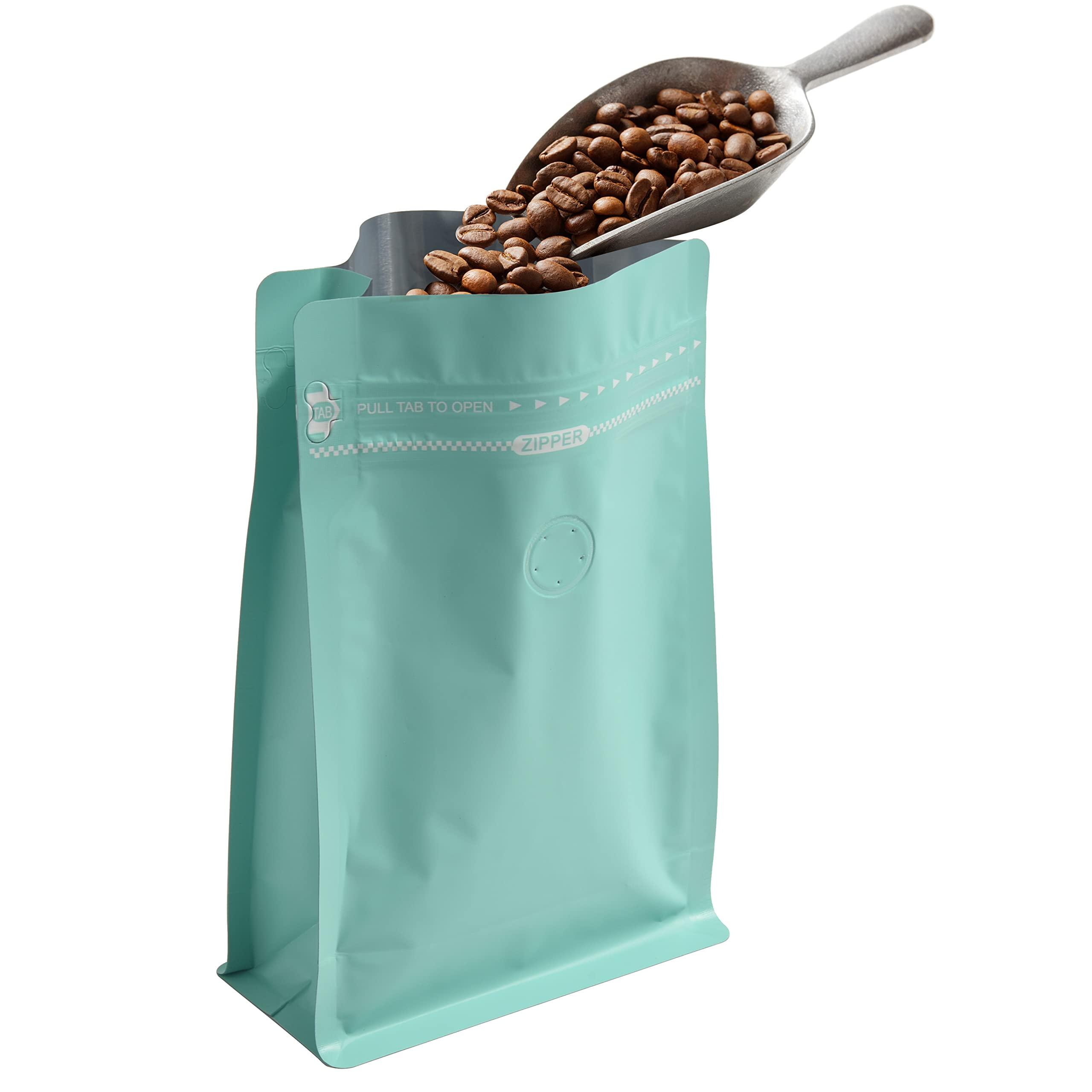 EverPack High Barrier Foil Coffee Bags with Degassing Valve, Resealable Coffee Pouches with Air Release Valve, Flat Bottom & Pull Tab Zipper, Matt Green Blue (50, 16oz/1lb/500gm)