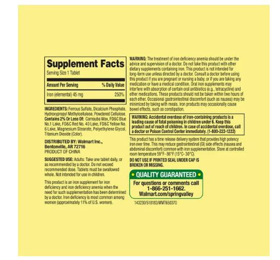 4TC Spring Valley Slow-Release Iron Tablets Dietary Supplement, 45 mg, 30 Count