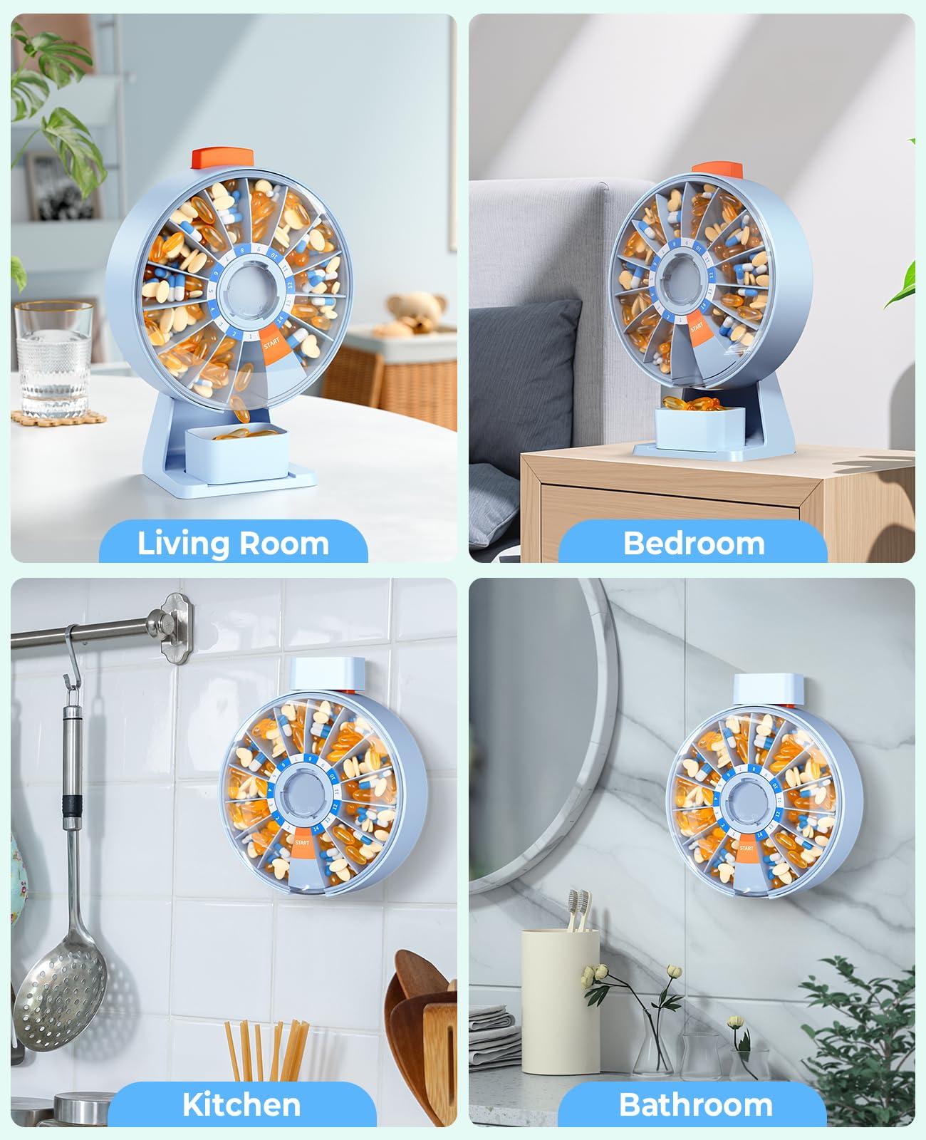 Daviky Daviky Pill Dispenser Daily, Large Pill Organizer with Wall-Mounted or Standing Use, 14 Days Pill Container, Push Button Design, Weekly Pill Box for Vitamin, Medicine,Supplement, Fish Oil(Blue)
