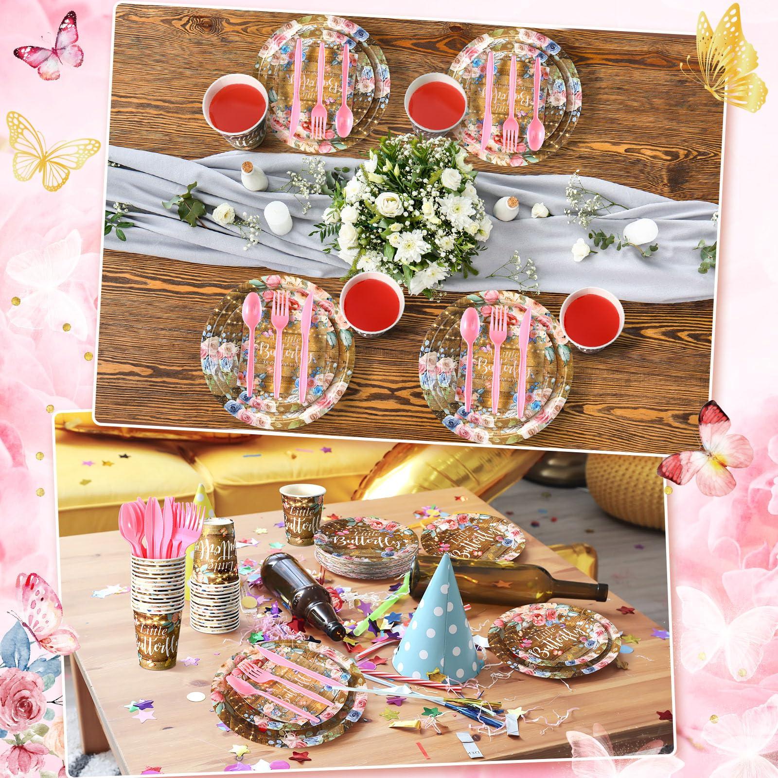 Hsei Hsei 324Pcs A Little Butterfly Is On Her Way Baby Shower Decorations Butterfly Party Supplies Serve 36 Baby Shower Plates Cups and Napkins Sets Wooden Butterfly Party Favors for Baby Shower Birthday