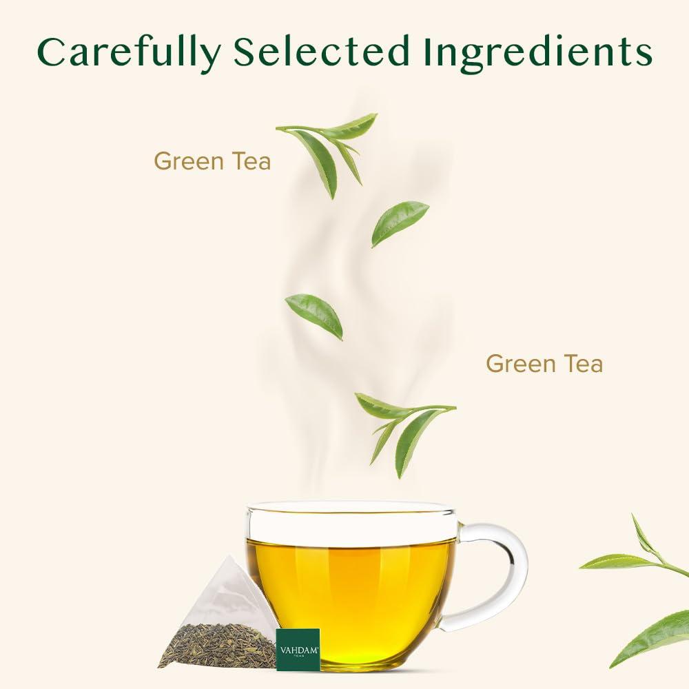 VAHDAM VAHDAM, Original Himalayan Green Tea (15 Count) High Grown, Non GMO, Gluten Free, Med Caffeine | Earthy, Smooth & Refreshing | Resealable & Individually Wrapped | Plant-Based Pyramid Tea Bags