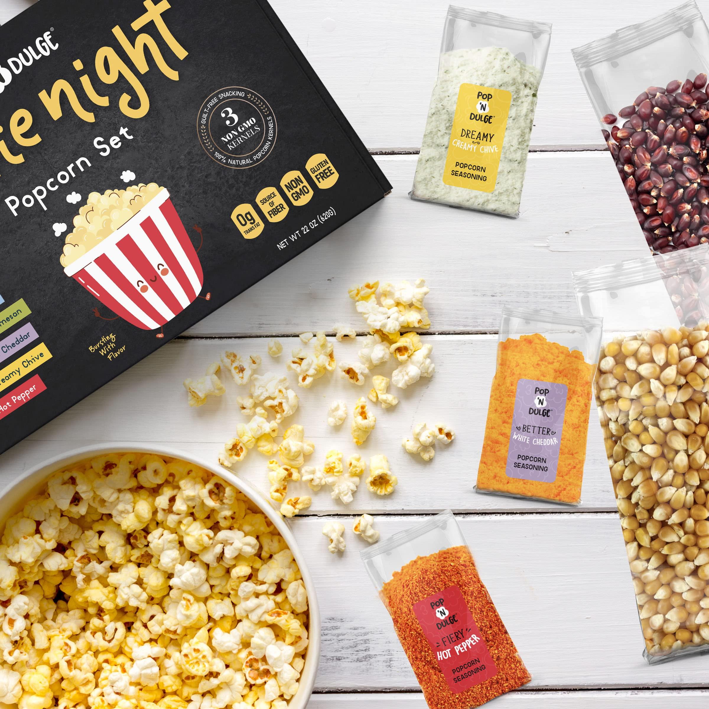 Pop n' Dulge Popcorn Movie Night Supplies Popcorn Kernels Popcorn Seasoning 16 Pack, 5 Gourmet Popcorn Kernels, 5 Popcorn Seasoning Variety Packs Non-GMO Snacks, Includes 6 Bags, Gift Basket Idea