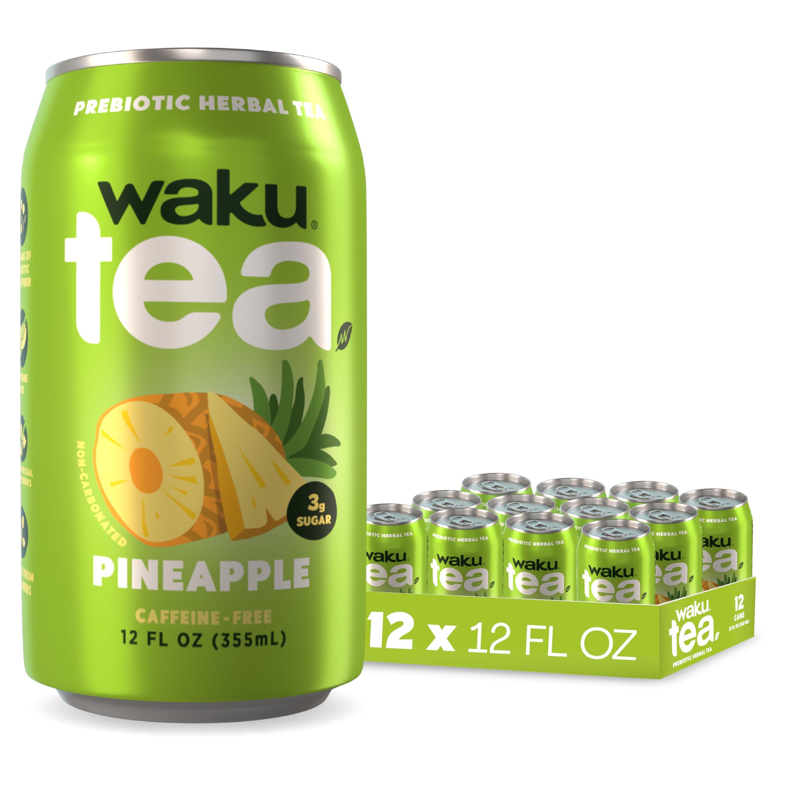W WAKU HEALTHY TRADITION WAKU TEA, Prebiotic Herbal Tea, Pineapple, Supports Digestive & Gut Health, Keto Friendly, Zero Added Sugar, 5g Fiber, Caffeine Free, Natural Sweetner, 12 pack, 12oz Cans