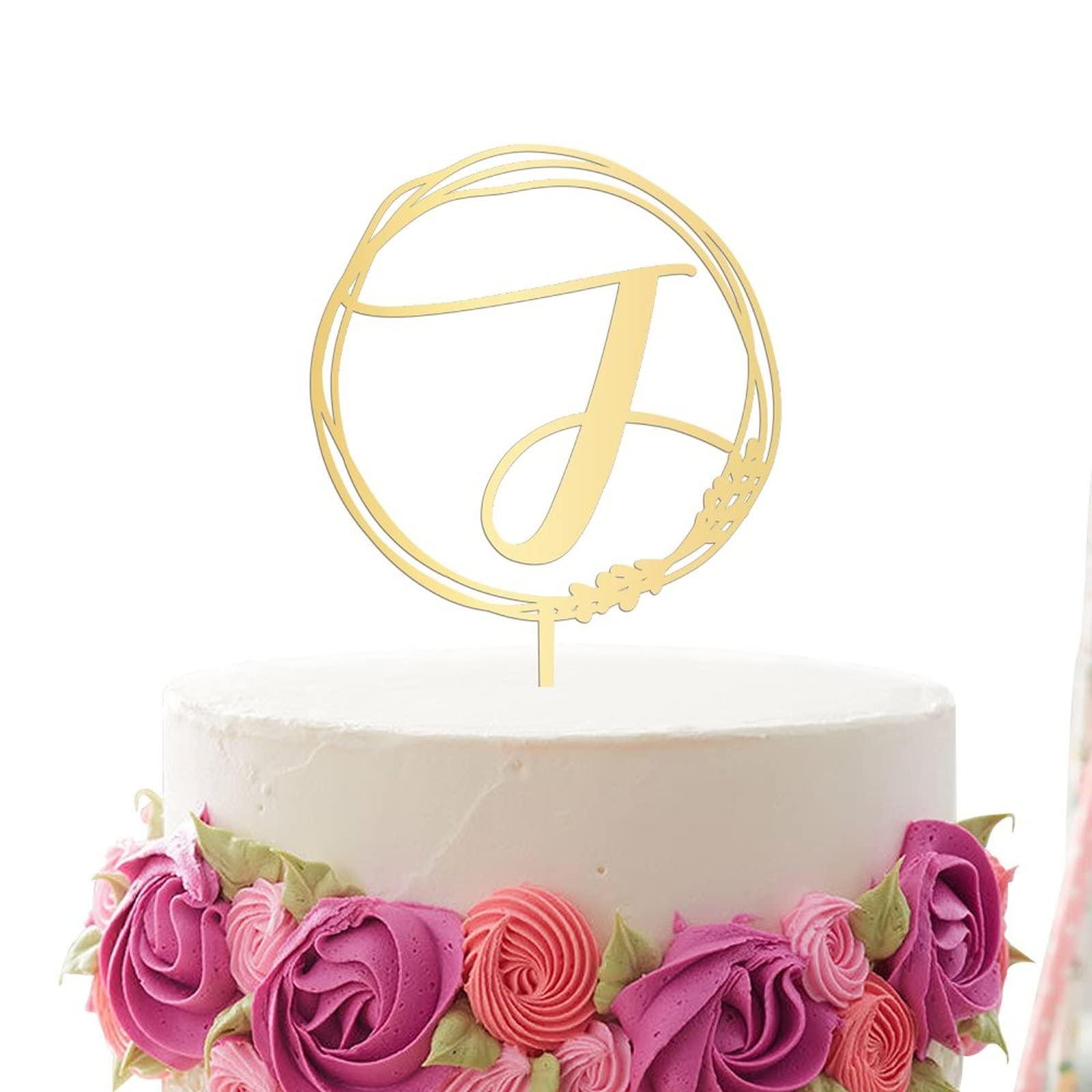 Vinisong Personalized Letter J Cake Topper, Vinisong Rustic Wedding Cake Topper Initial Cake Topper Monogram Cake Topper Wreath Design Cake Decoration Gold Acrylic Cake Decor Party Decoration