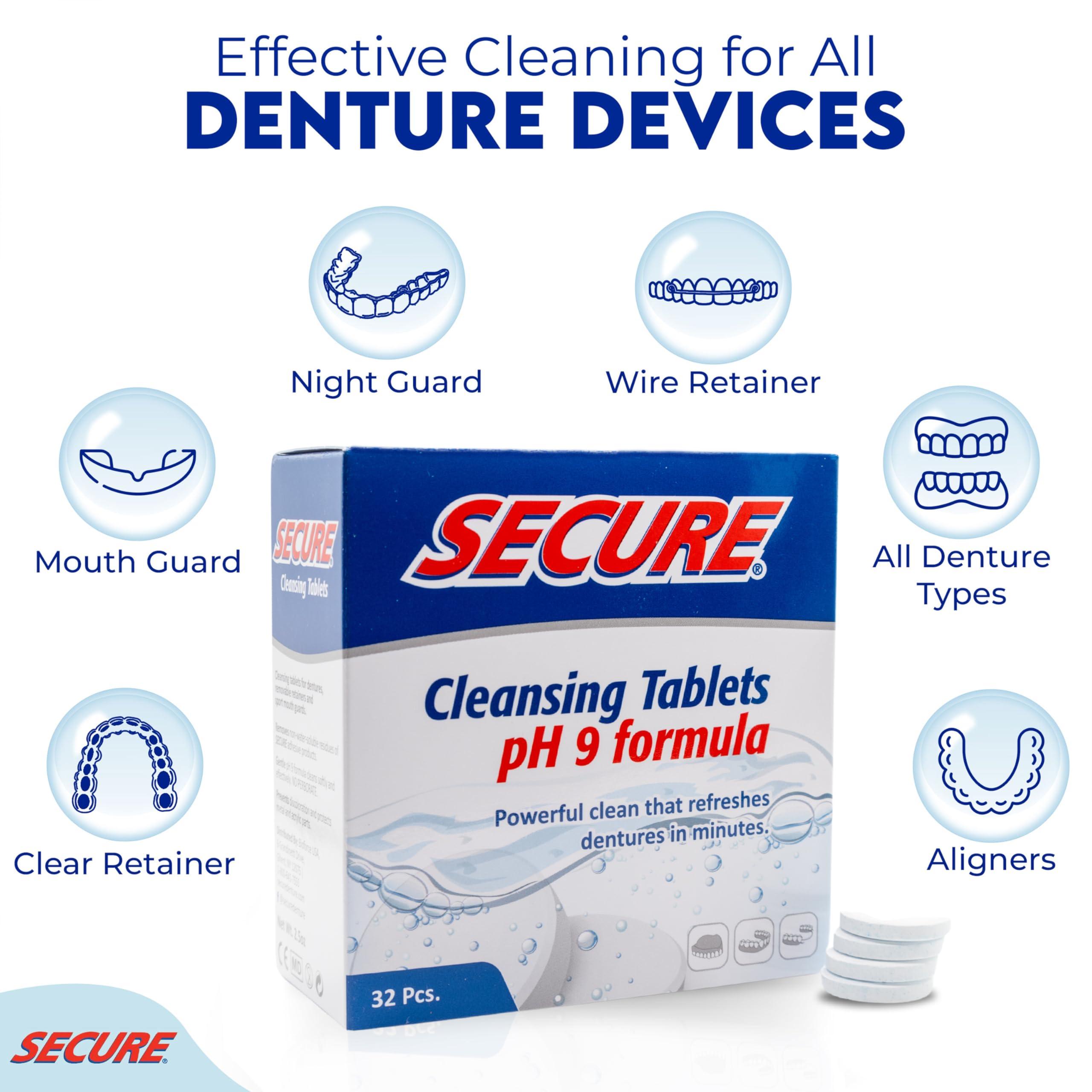 Secure Secure Anti-Plaque Cleansing Tablets PH Formula Removes Odors, Stains, Bacteria, Germs - Deeply Clean Dentures, Partials, Nightguards, Retainers in 5 Minutes - Zinc Free - 32 Tablets (1 Pack)