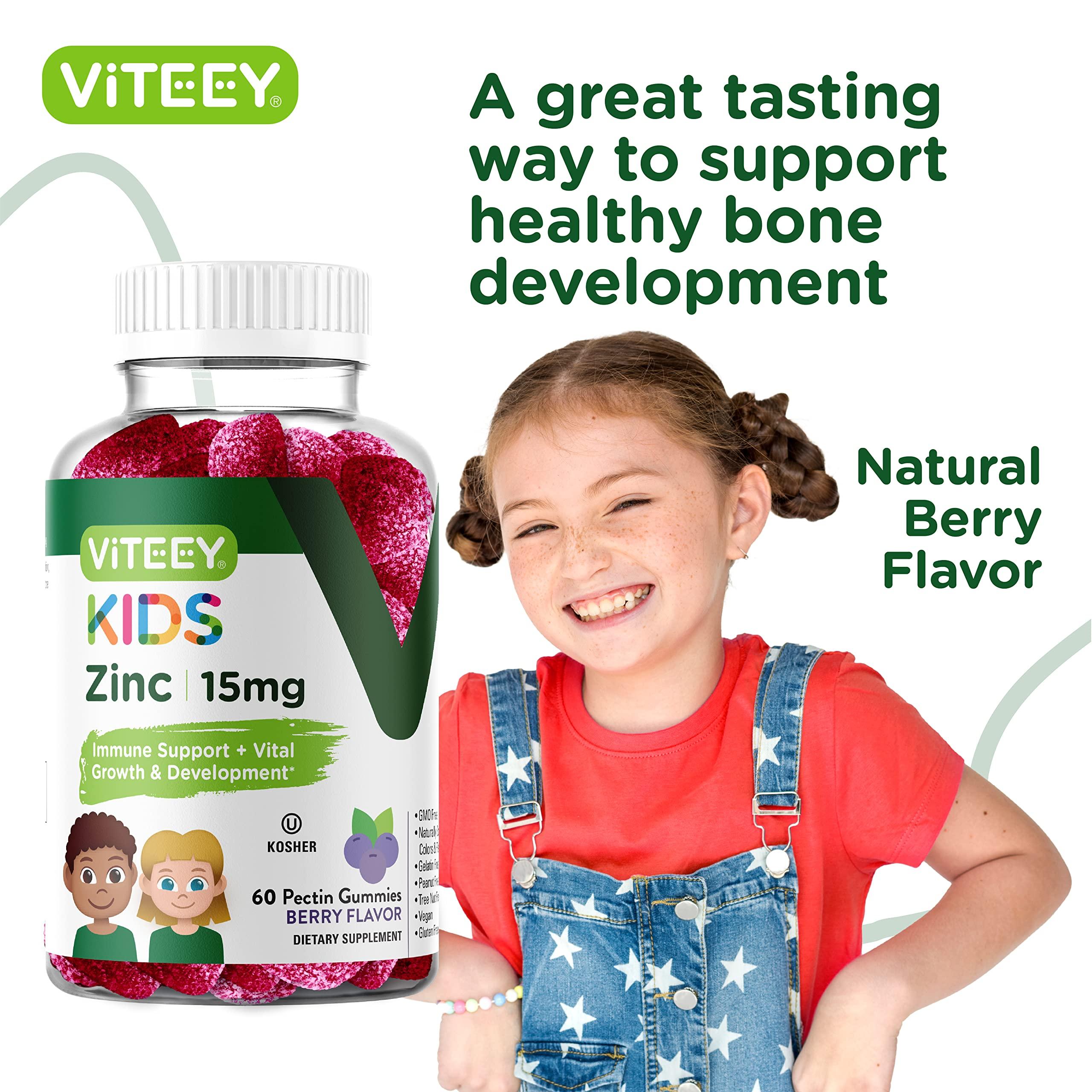 Viteey Zinc for Kids Gummies, 15mg - Immune Support for Kids & Teens - Powerful Natural Antioxidant, Kids Zinc Vitamin Supplement - Vegan, Gelatin Free, Gluten Free - Tasty Chewable Berry Flavor Gummy