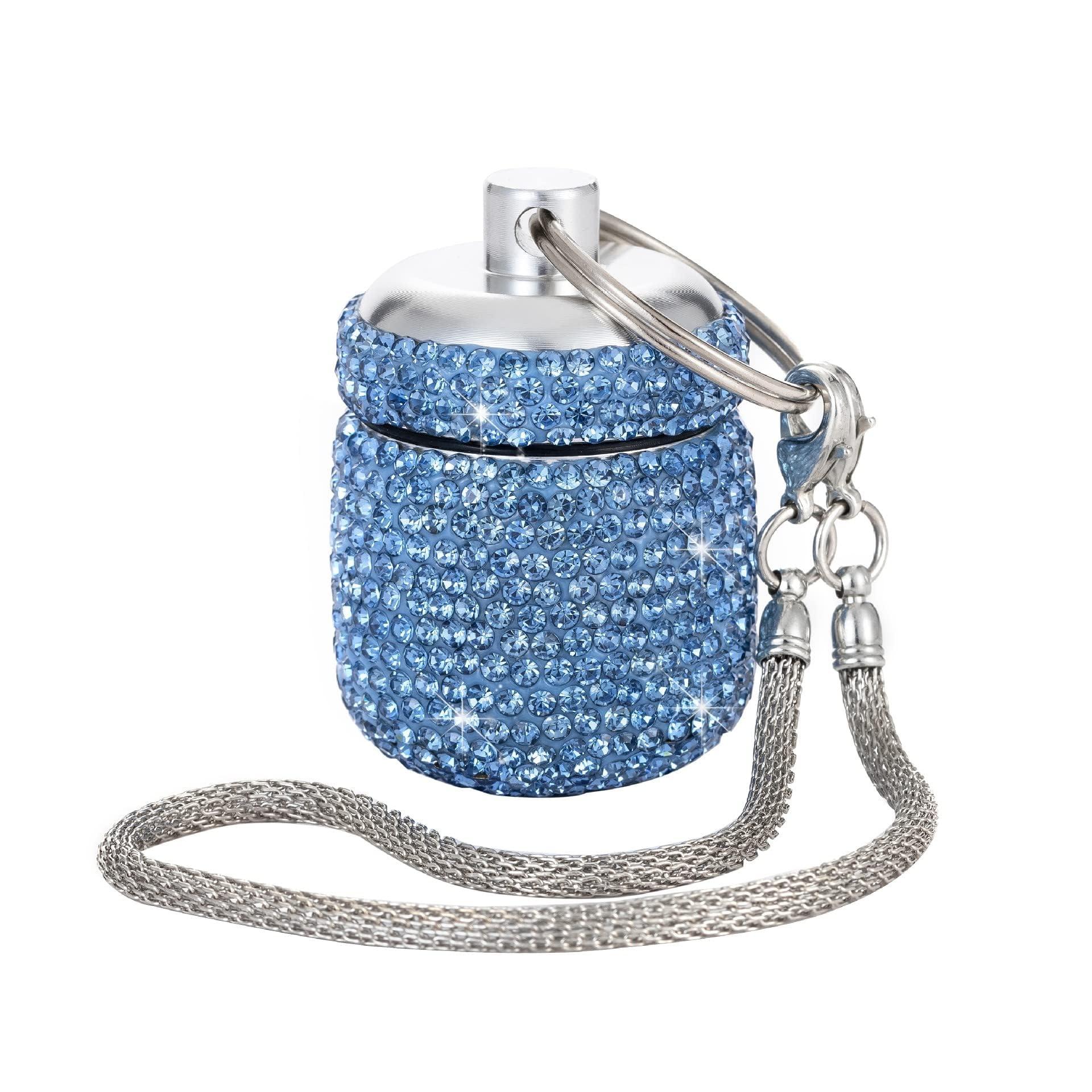 EveryBling Bling Rhinestone Pill Bottle Organizer Daily Travel Pill Case Container Ring Holder Small Medicine Holder Box for Vitamin Supplement Gum with Keychain(Light Blue)