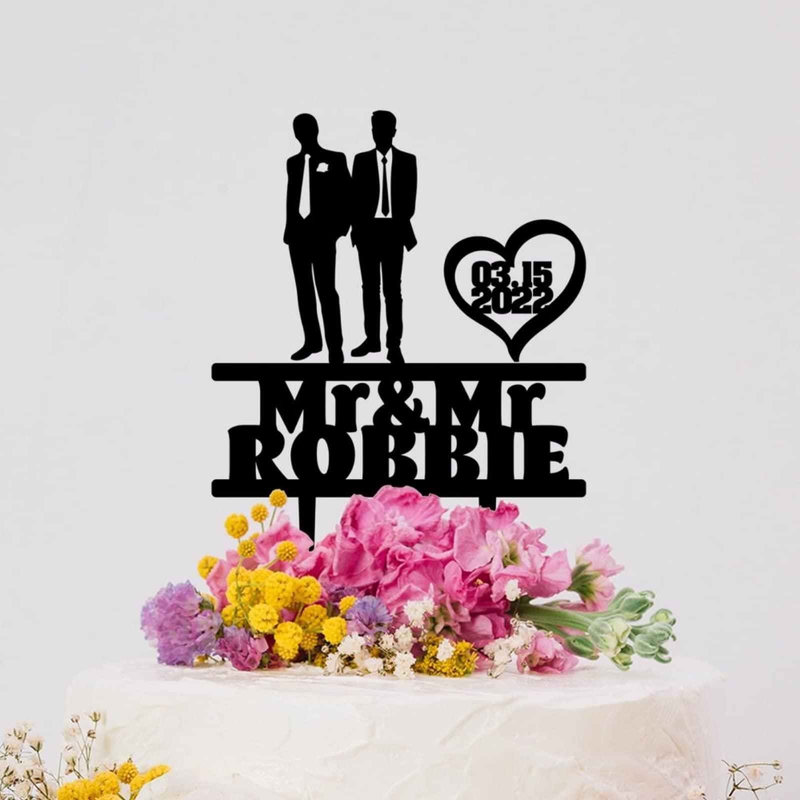 BYRON HOYLE Gay Cake Toppers Grooms Wedding Silhouette Same Sex Mr & Mr Rustic Wedding Cake Toppers with Heart Personalized LGBTQ Gay Rustic Cake Topper His And His Wedding Cake Decor LGBT Black Acrylic Topper