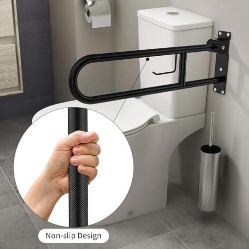YuanDe Toilet Grab Bar 30.3 Inch, YuanDe Flip Up Grab Bar with Paper Holder,Matte Black Anti-Slip Safety Bars for Toilet, Stainless Steel Knurled Toilet Handles for Seniors Disabled Elderly Pregnant