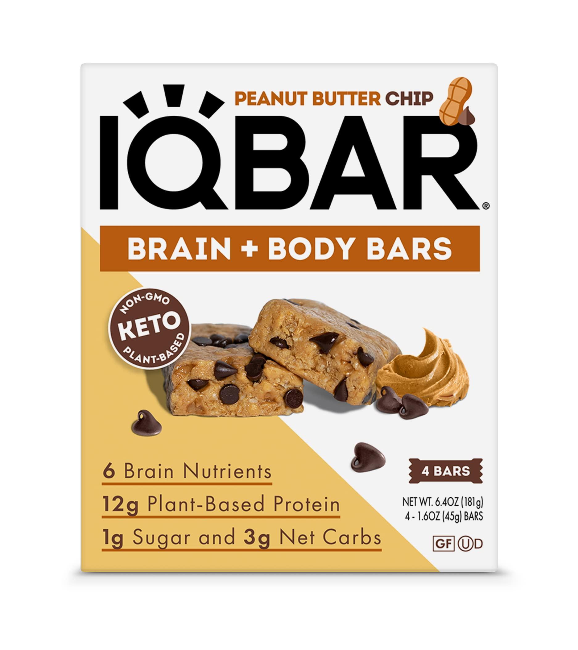 IQBAR IQBAR Brain and Body Keto Protein Bars - Peanut Butter Chip Keto Bars - 4 Count Energy Bars - Low Carb Protein Bars - High Fiber Vegan Bars and Low Sugar Meal Replacement Bars - Vegan Snack