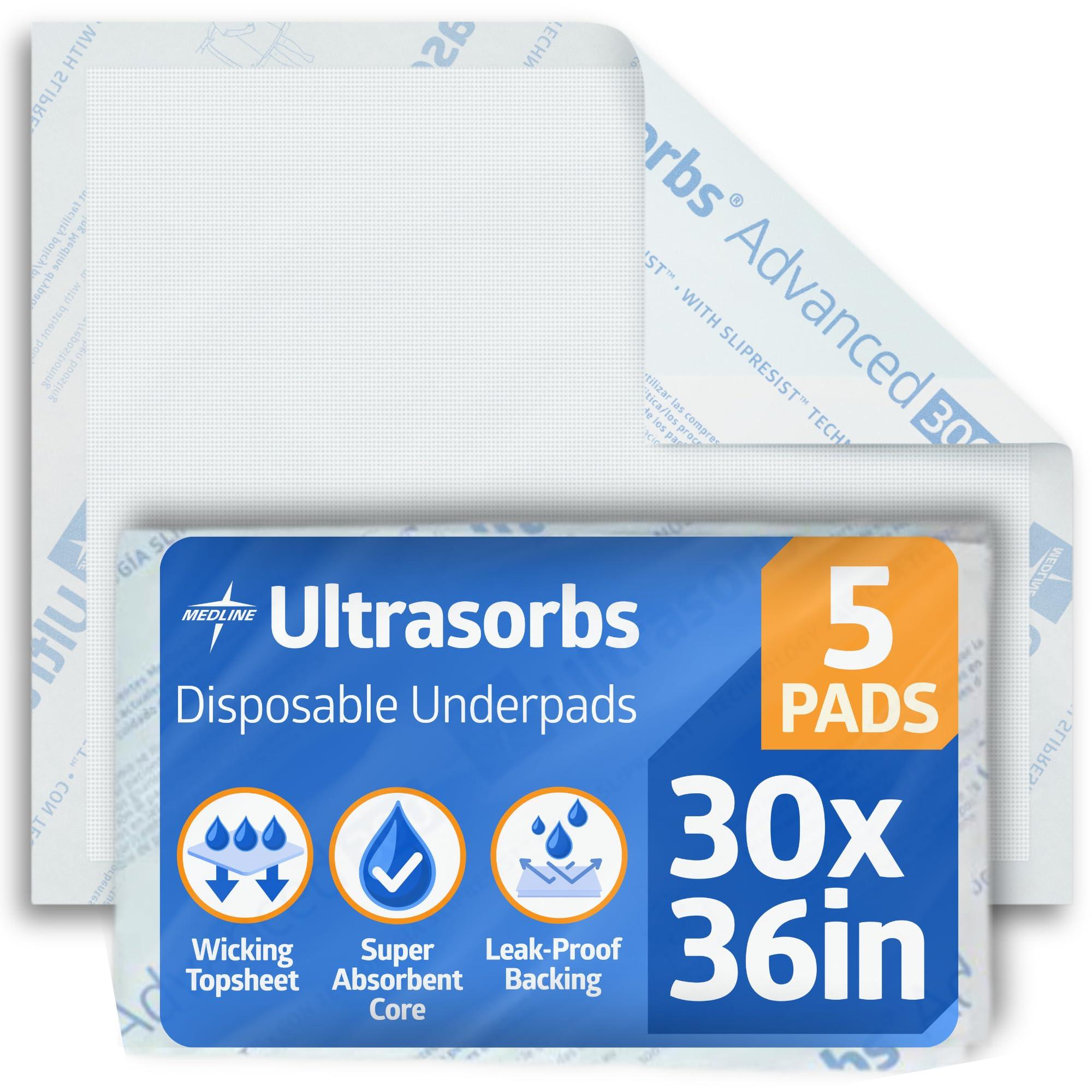 Medline Medline Ultrasorbs Drypads with SlipResist Technology, 30\" x 36\", 5 Count, Super Absorbent Disposable Bed Pads, Incontinence Bed Pads, Adult Bed Pads, 10x More Absorbent, Chucks For Adults, Elderly