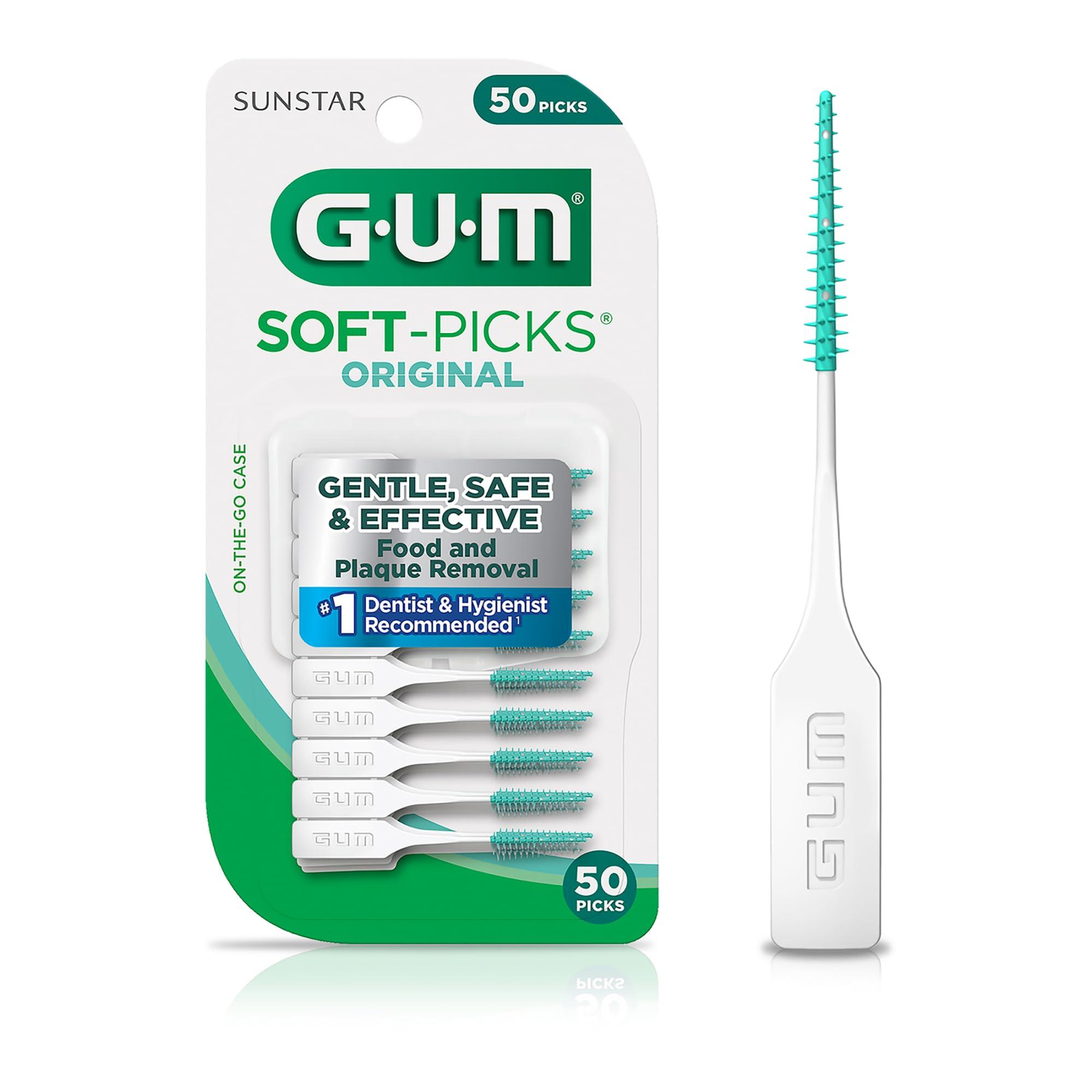 GUM GUM Soft-Picks Original, Easy to Use Dental Picks for Teeth Cleaning and Gum Health, Disposable Interdental Brushes with Convenient Carry Case, Dentist Recommended Dental Floss Picks, 50ct