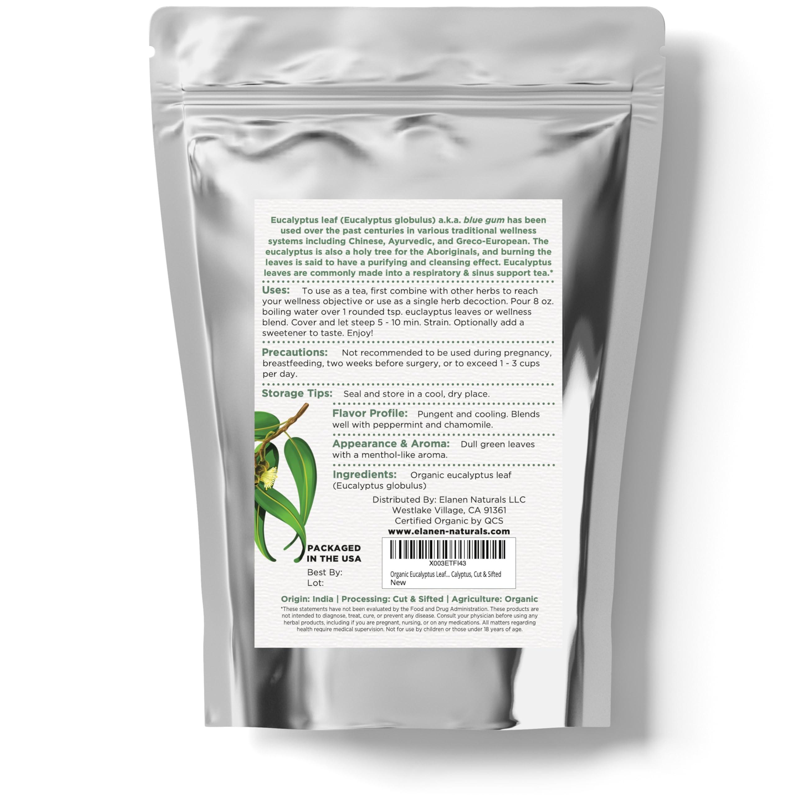 ELANEN naturals Organic Eucalyptus Leaf Tea 4 oz. (113g), USDA Organic Eucalyptus Tea, Eucalipto Hojas Naturales, Eucalipto Leaves, Te De Eucalipto, Eaucalyptus, Calyptus, Cut & Sifted
