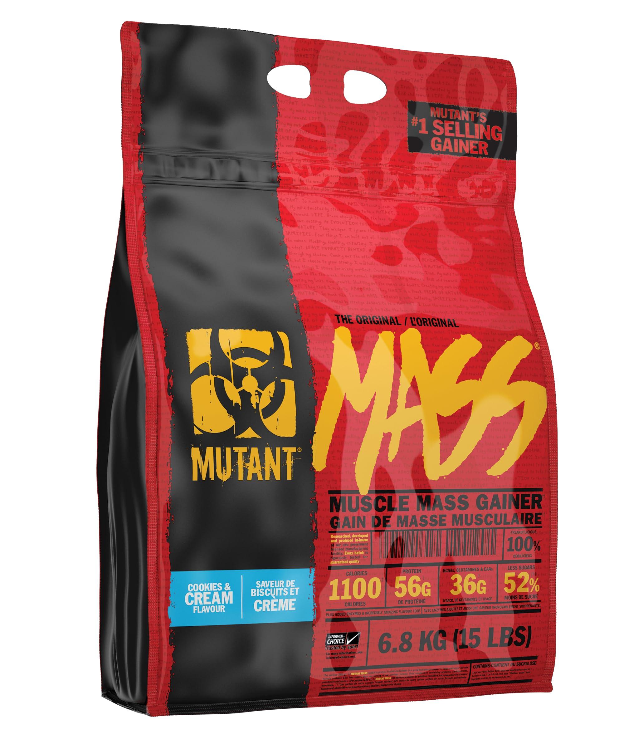 Mutant Mutant Mass Weight Gainer Protein Powder  Build Muscle Size and Strength with 1100 Calories  56 g Protein  26.1 g EAAs  12.2 g of BCAAs  15 lbs with 24 Servings  Cookies & Cream