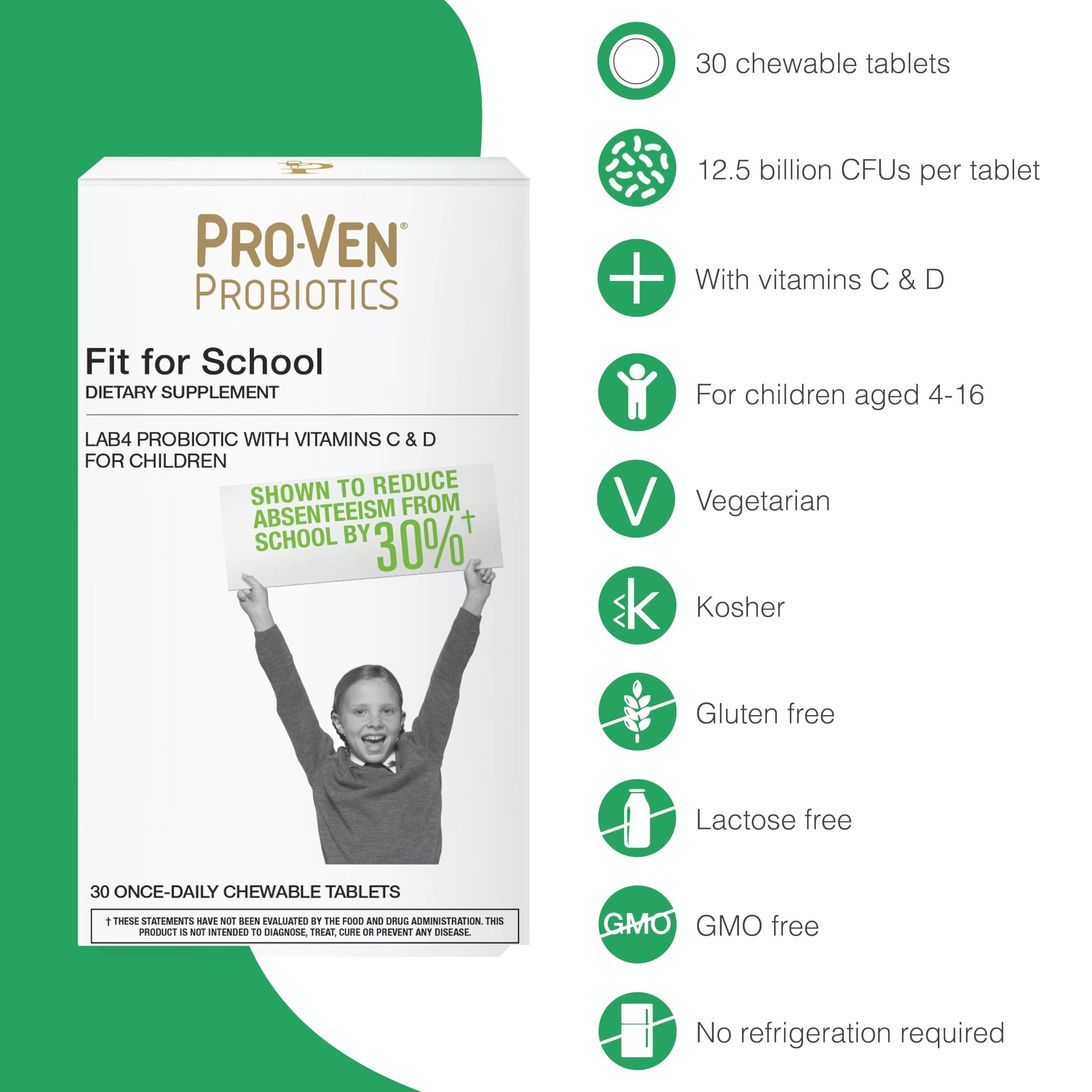 Pro-Ven Pro-Ven | Probiotics Fit for School | 30 Tasty Strawberry Flavored Chewable Tablets | Designed for Children Age 4-16 | 12.5 Billion CFUs Supports Immune System and Digestive Health
