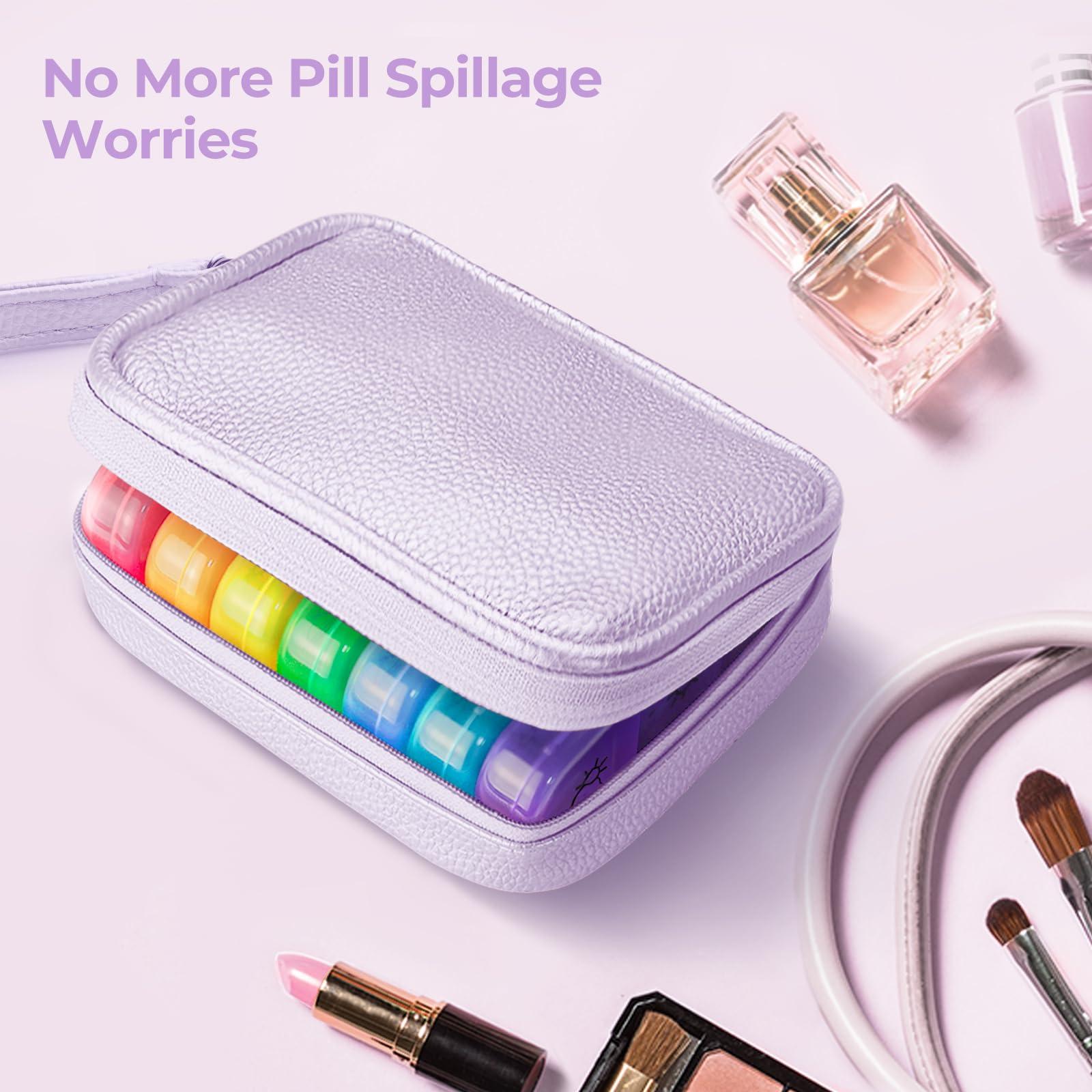 AMOOS AMOOS Cute Pill Organizer 3 Times a Day, Large Daily Pill Case for Women, Portable Pill Box 7 Day for Purse with Bag & Zipper to Hold Vitamins, Medications, Fish Oils, Supplements (Purple)