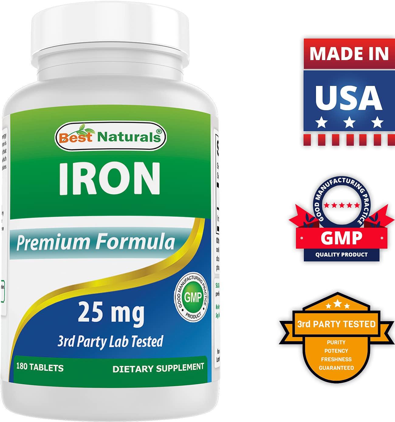 Best Naturals Best Naturals Iron Supplement (Iron Bisglycinate) - 25mg - 180 Tablets - Gentle of Stomach - Non-Constipating
