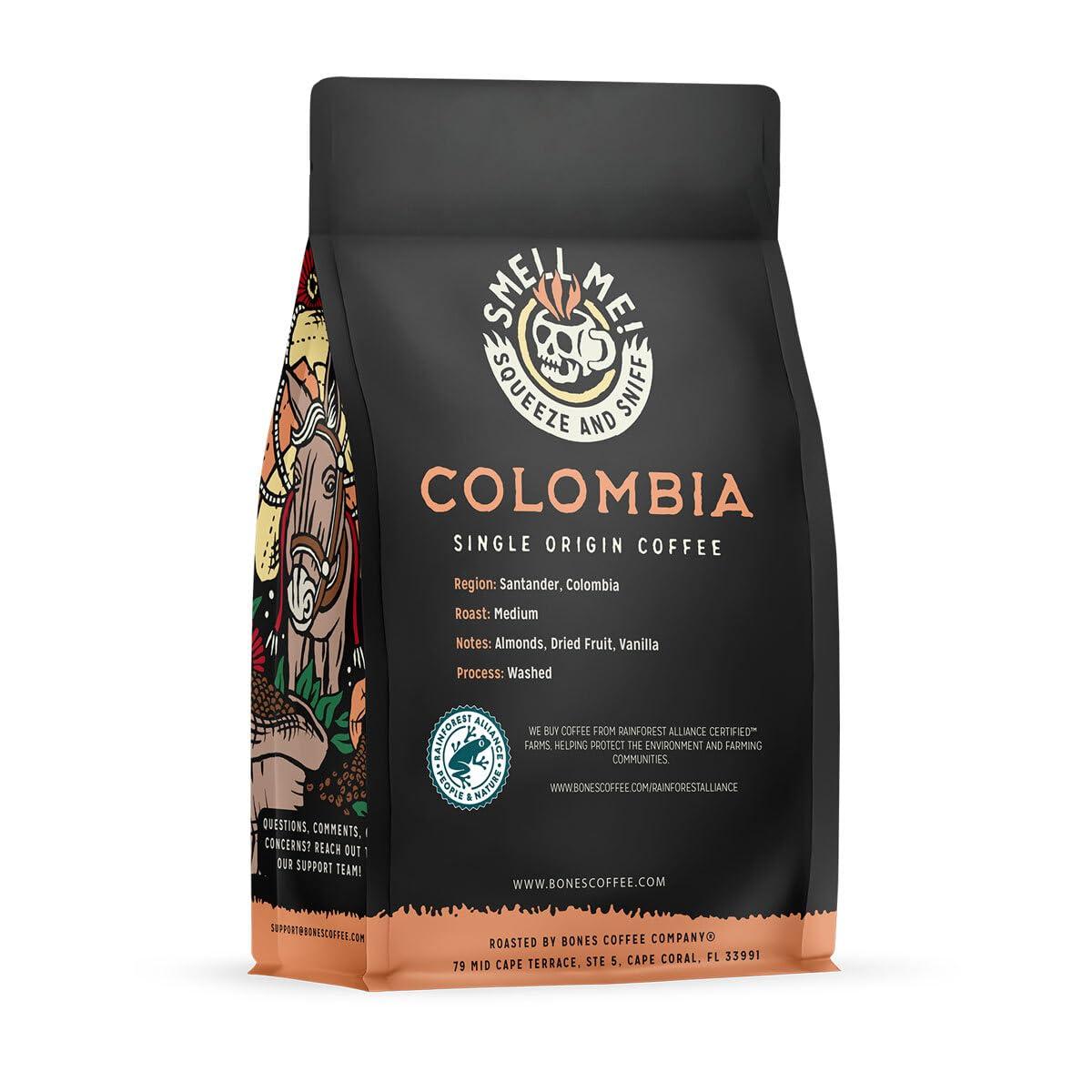Bones Coffee Company Bones Coffee Company Colombia Single-Origin Coffee Beans, Whole Bean Coffee Medium Roast Gifts Low Acid Gourmet Almonds, Dried Fruit, Vanilla Notes (12 oz)