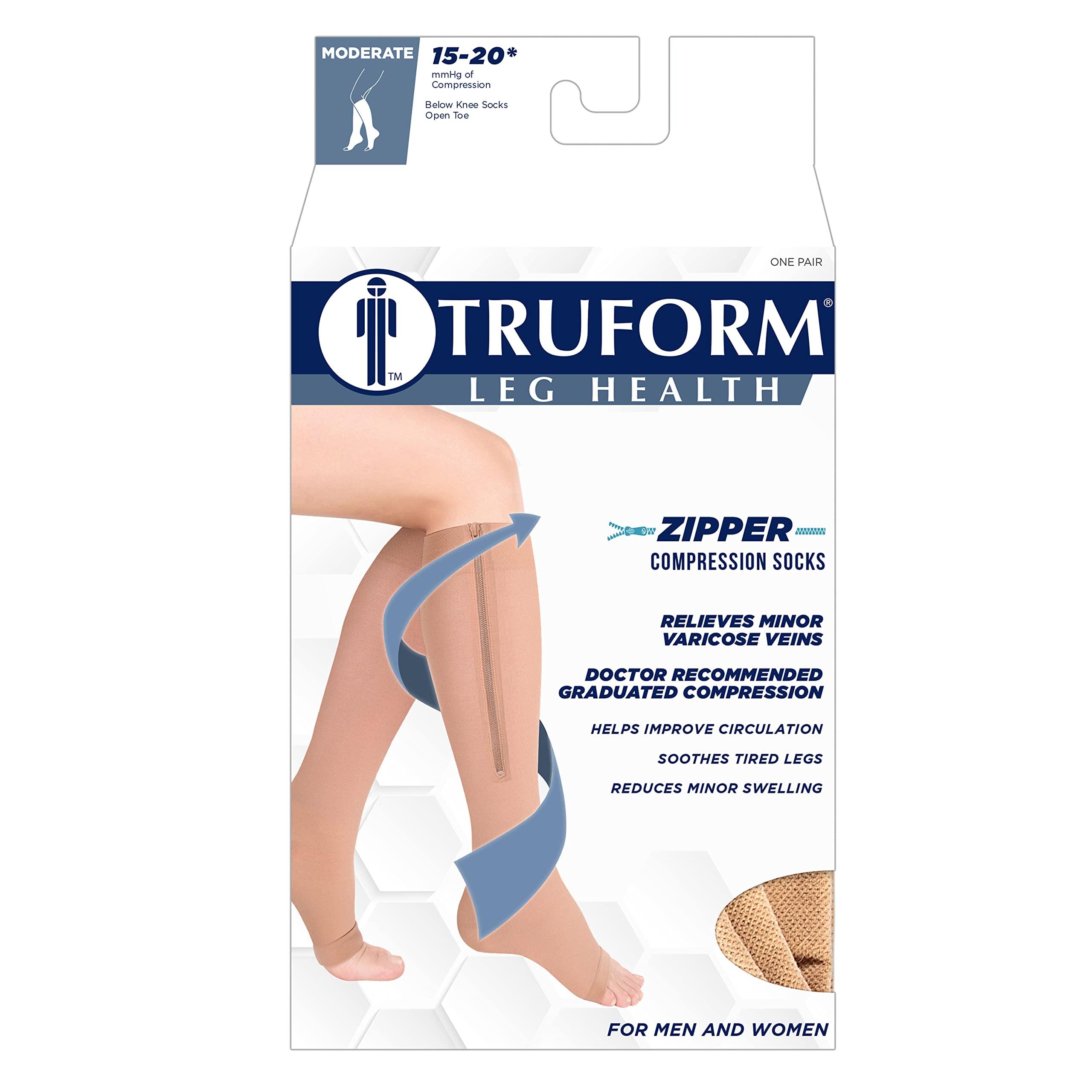 Truform Truform Zipper Compression Stockings, 15-20 mmHg Medical Socks, Women and Men, Knee High, Open Toe, Beige, Medium