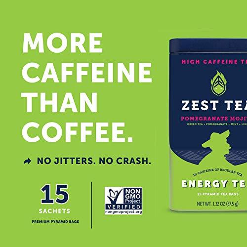 ZEST TEA Zest Tea Premium Energy Hot Tea, High Caffeine Blend Natural & Healthy Black Coffee Substitute, Perfect for Keto, 135 mg Caffeine per Serving, Pomegranate Mojito Green Tea, Tin of 15 Sachet Bags