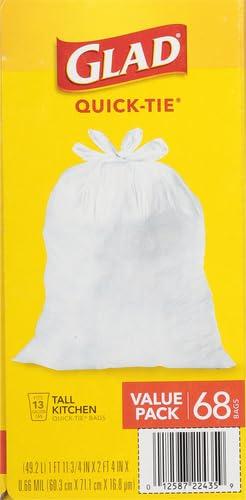 Glad Glad Tall Kitchen Quick-Tie Trash Bags, 13 Gallon, White, 68 Count, Pack May Vary (Pack of 2)