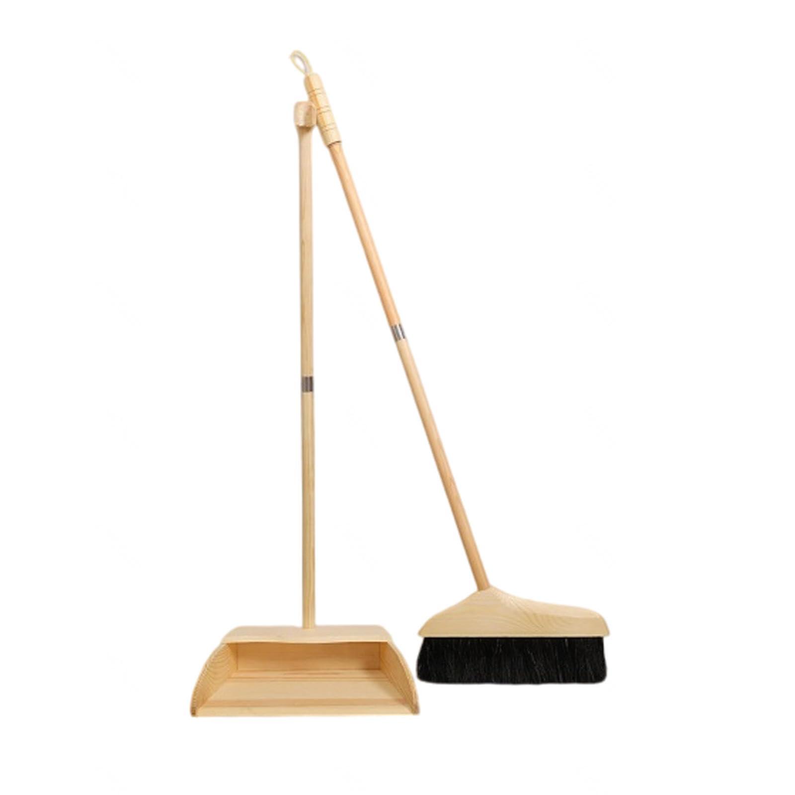 VIDECOR VIDECOR Wooden Broom and Dustpan Long Handle Bristles Upright Set for Home Kitchen Lobby,Household Dust Pan Combo, for Indoor Outdoor Household Cleaning and Sweeping