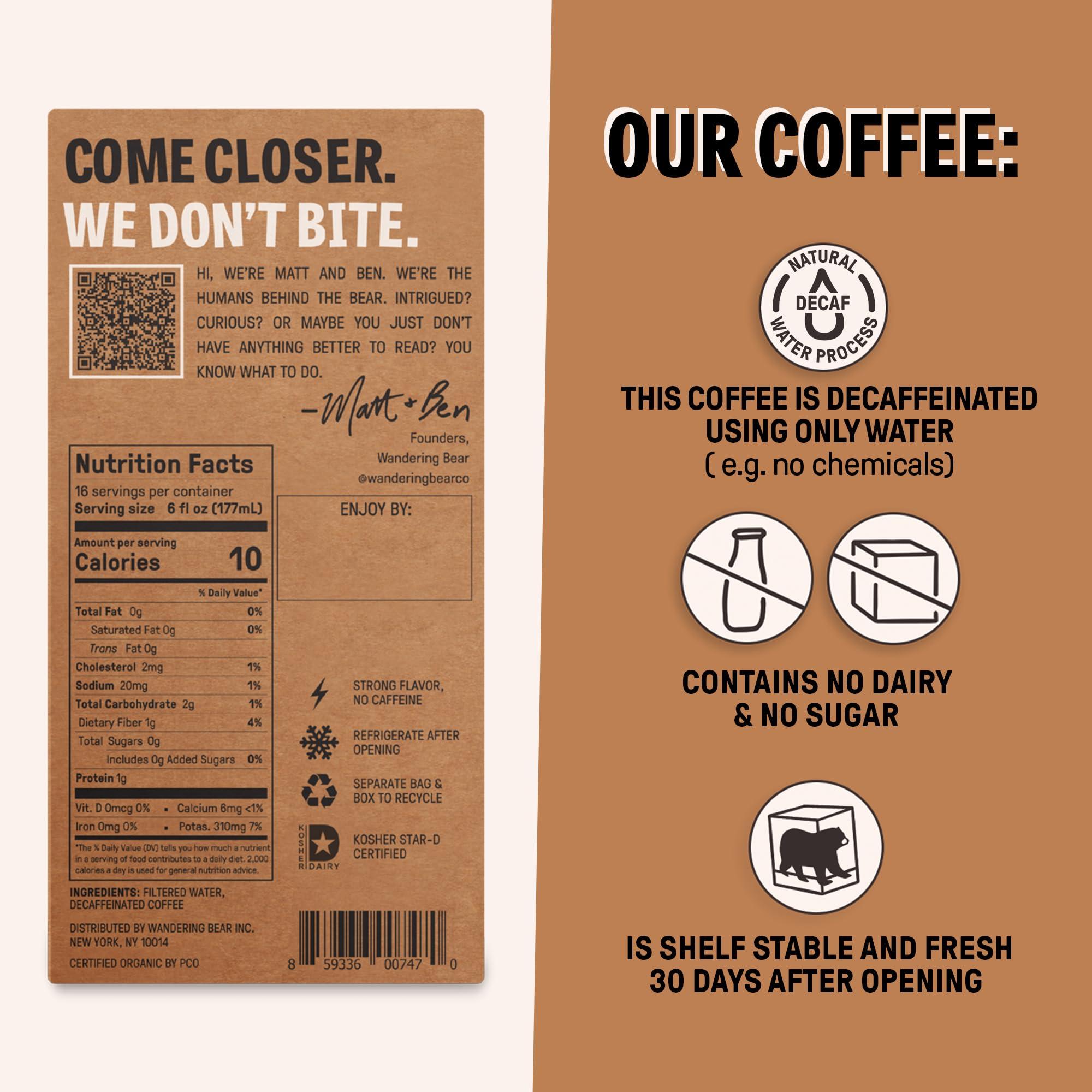 Wandering Bear Wandering Bear DECAF Cold Brew Coffee On Tap, 96 fl oz - Extra Strong, Smooth, Unsweetened, Shelf-Stable, and Ready to Drink Iced Coffee, Cold Brewed Coffee, Cold Coffee