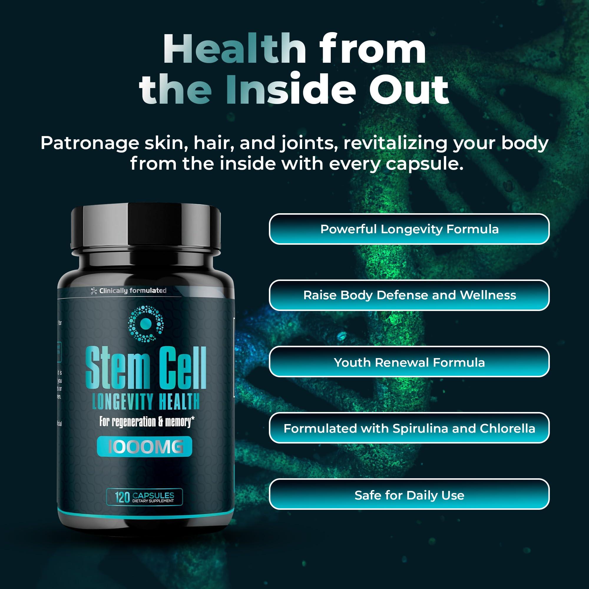 AURA VITAMINS Premium Stem Cell Supplements 1,000mg (120 Caps) Boost Immunity, Reduce Joint Soreness, Support Natural Anti-Aging & Longevity with Spirulina & Chlorella for Vitality, Celulas Madre Health Formula