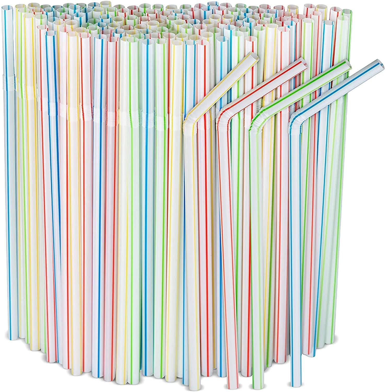 Kyllog 600pcs Plastic Drinking straws, Flexible straws, 8" Long, Stripes Multiple Colors Straws,suitable for various drinks, juice, milk, tea, cocktails, parties, daily use (600pcs)