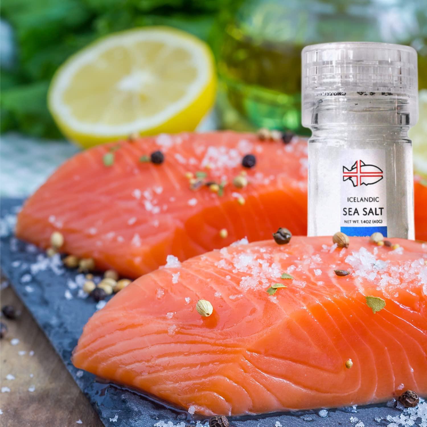 Nordic Catch Icelandic Sea Salt, Less Processed Flaky Salt Container, Mineral Rich Flake Sea Salts with Health Benefits, Sustainably Sourced Flaky Sea Salt for Baking (Pure Flaky, 40g Adjustable Grinder)