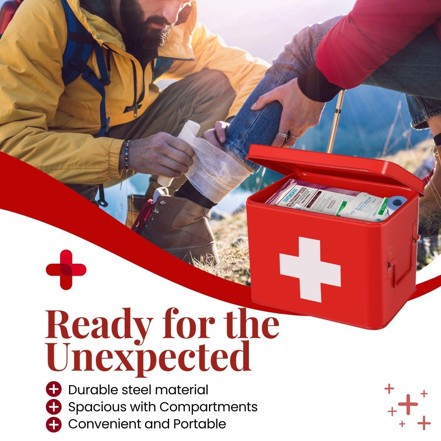 Flexzion Flexzion First Aid Box Organizer, Empty 8.5 Inch Red Vintage First Aid Kit Tin Metal Medical Box First Aid Storage Box Container Bins with Dividers, Removable Tray and Cross Logo