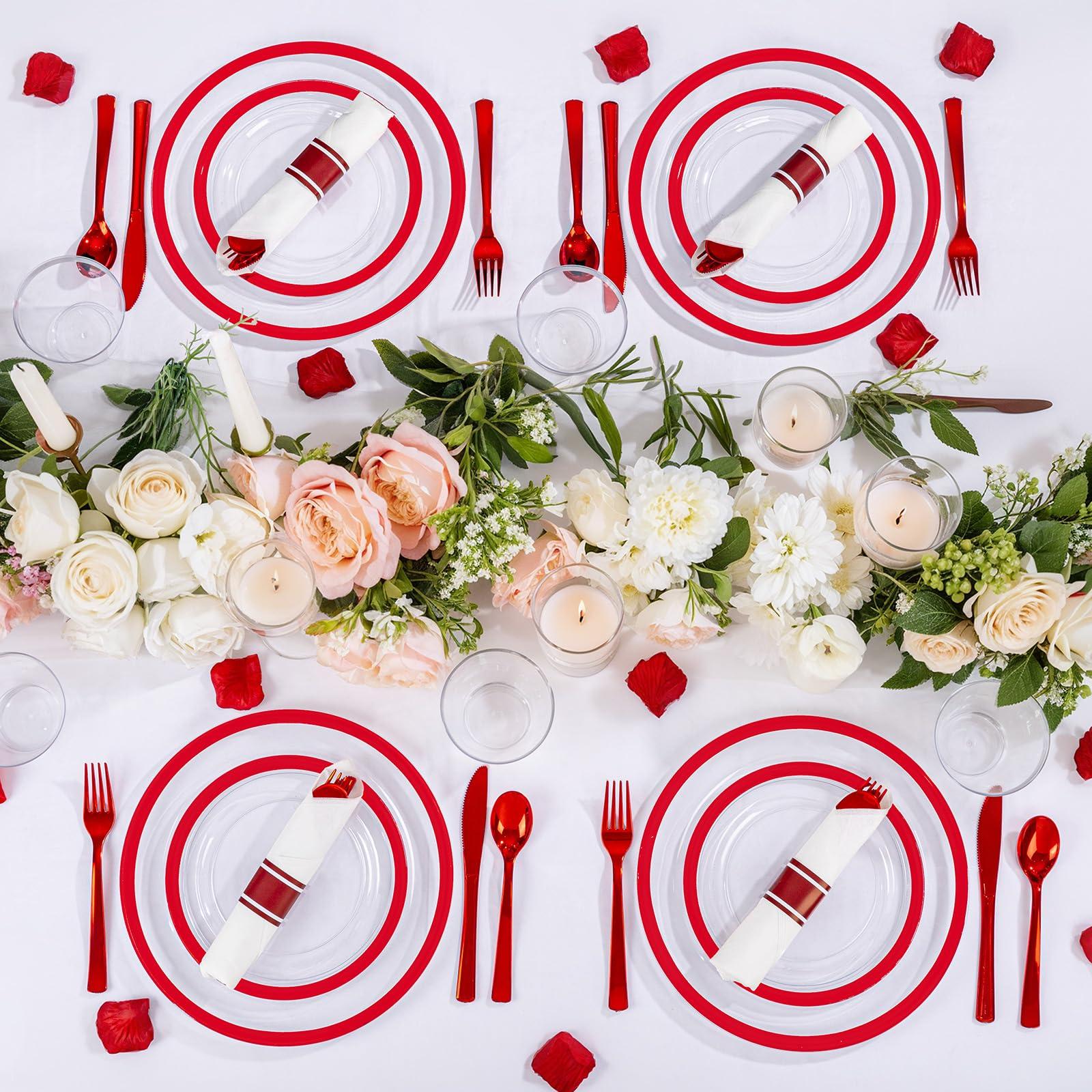 I00000 I00000 350 Pcs Clear and Red Plastic Plates,Valentines Disposable Dinnerware Set, Include 50 Dinner Plates 10.25\'\', 50 Dessert Plates 7.5\'\',50 Red Rim Cups,50 Per Rolled Napkins with Plastic Cutlery