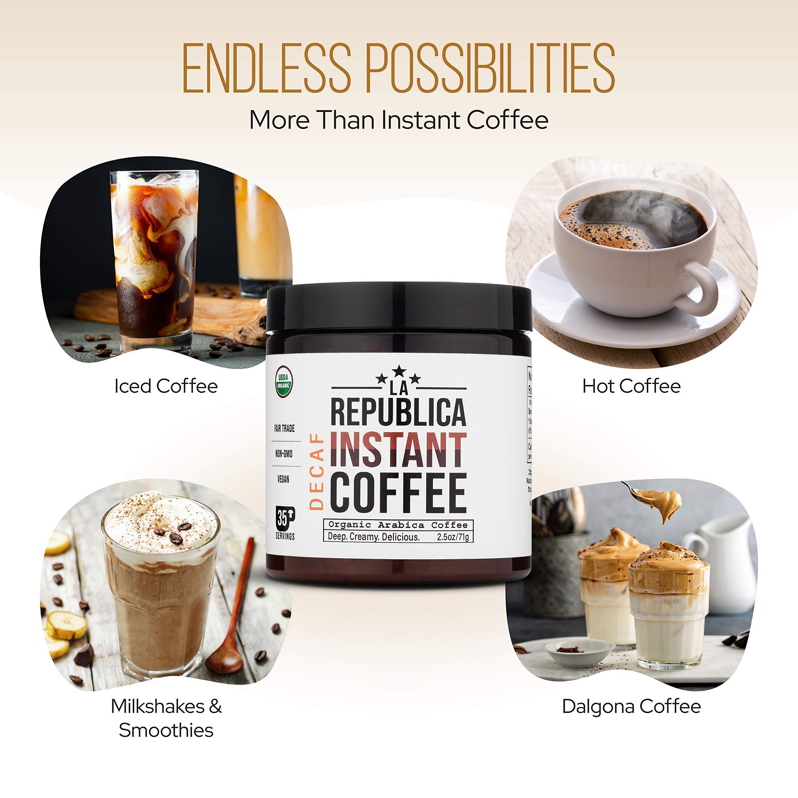 LRLA SUPERFOODS La Republica Organic Pure DECAF Instant Coffee (35 Servings), Colombian Rich Medium Roast Toasted Caramel Notes, Small Batch Shade-Grown Fair Trade Arabica Low-Acid