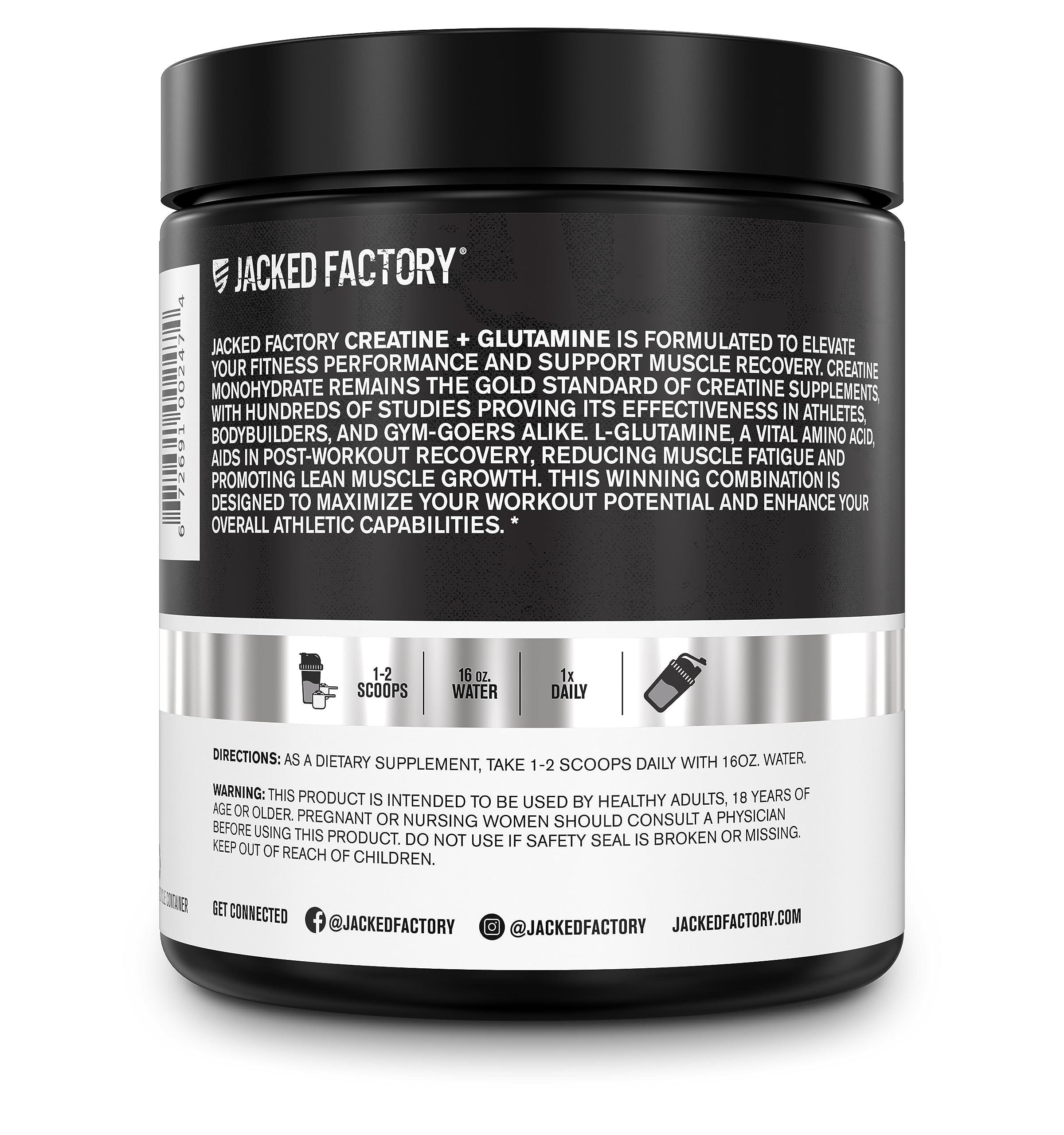 Jacked Factory Creatine + Glutamine - Creatine Supplement with L-Glutamine for Muscle Recovery, Muscle Growth, Increased Strength, Enhanced Energy Output, and Gut Health - 30 Servings, Unflavored