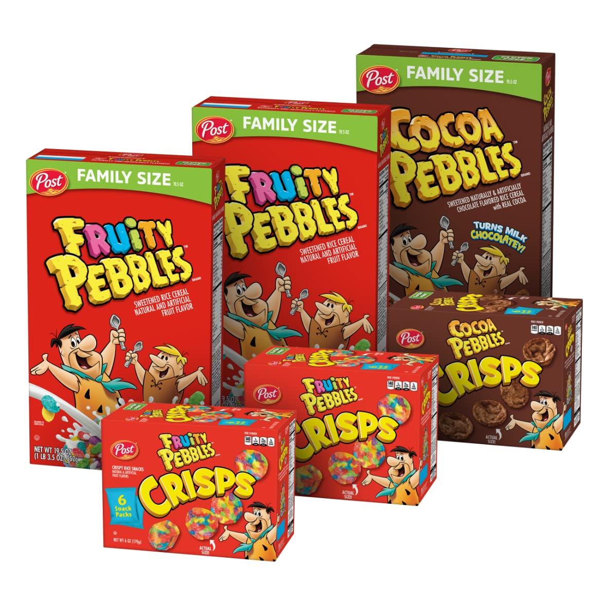 Post Pebbles Family Size Cereal and Crisps Variety Pack; Fruity Cereal (2), Cocoa Cereal (1), Fruity Multipack Crisps (2), Cocoa Multipack Crisps (1)